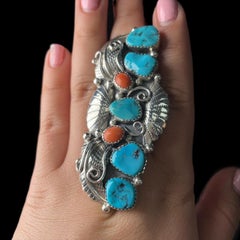 Vintage Mexican Sterling Silver Turquoise Coral Leaf Statement Ring Sz 8 28.5g
