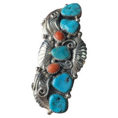 Vintage Mexican Sterling Silver Turquoise Coral Leaf Statement Ring Sz 8 28.5g