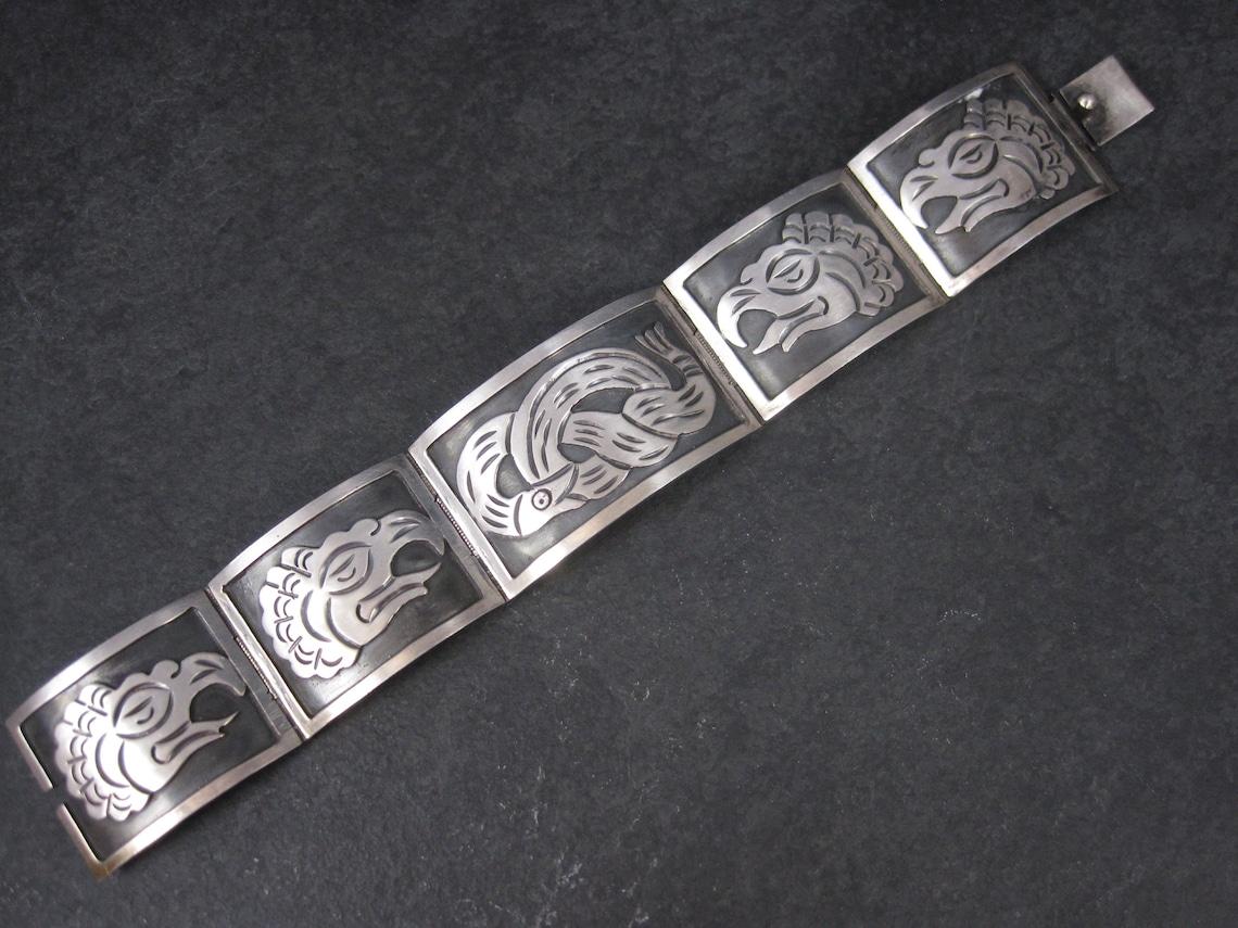 Amérindien Vintage Mexican Sterling Snake Eagle Bracelet 7 Inches en vente