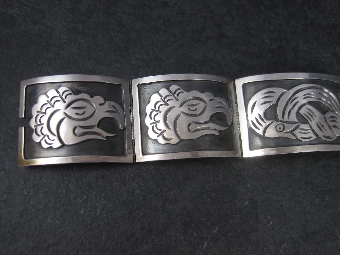Native American Vintage Mexican Sterling Snake Eagle Bracelet 7 Inches For Sale
