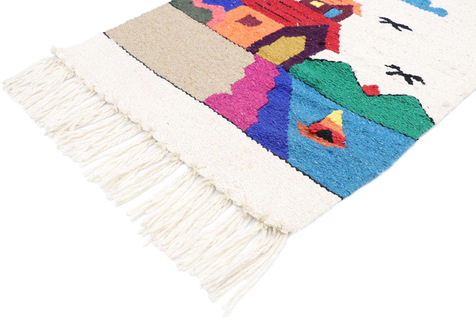 77774 vintage Mexican Tapestry with Boho Chic Folk Art style 02'05 x 03'02. Full of tiny details and a bold expressive design combined with vibrant colors and tribal style, this hand-woven wool vintage Mexican tapestry is a captivating vision of