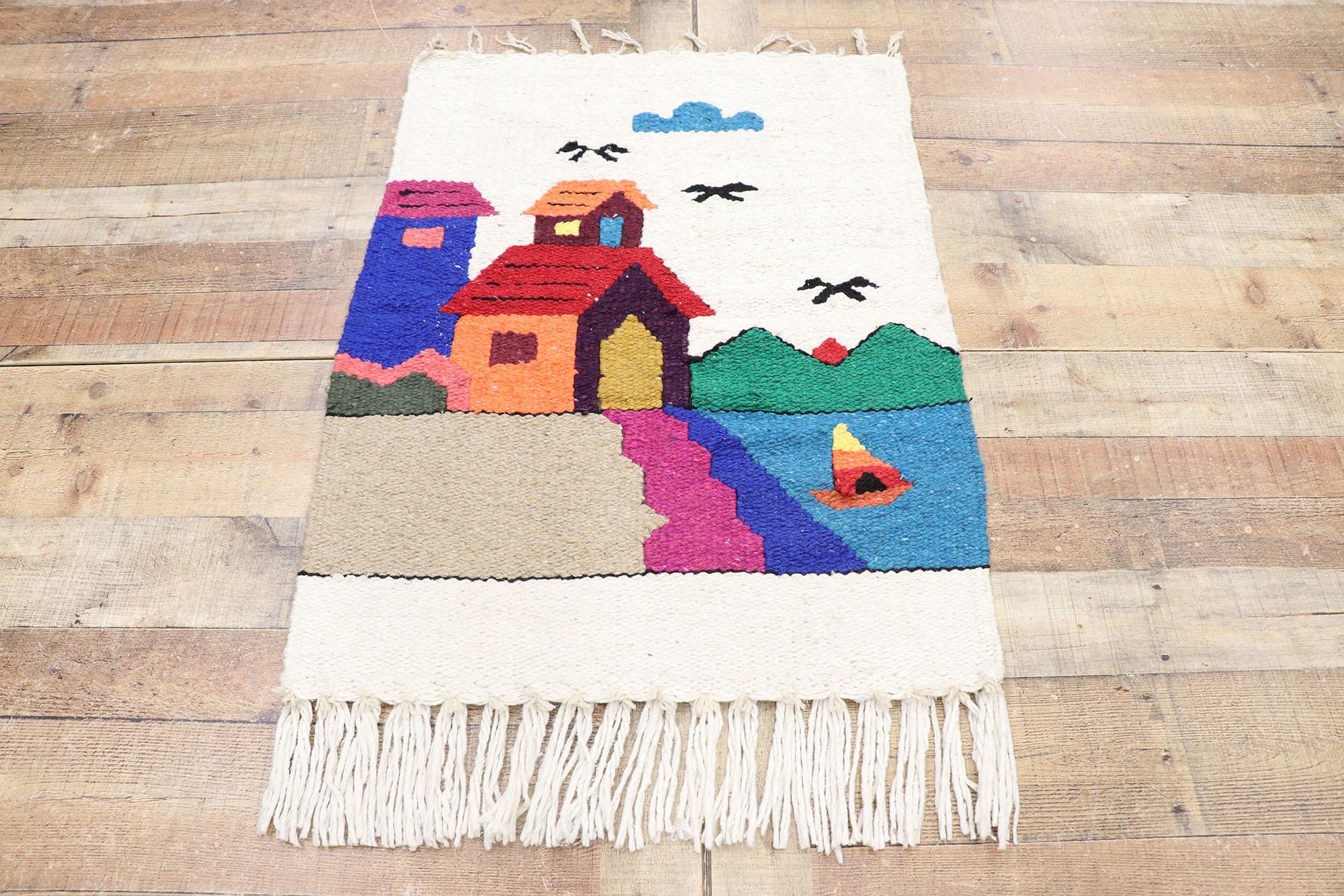 Wool Vintage Mexican Tapestry with Boho Chic Folk Art Style For Sale