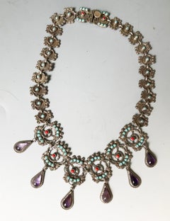 Vintage Mexican Taxco Silver Amethyst  Turquoise Necklace