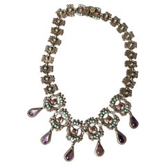 Retro Mexican Taxco Silver Amethyst  Turquoise Necklace