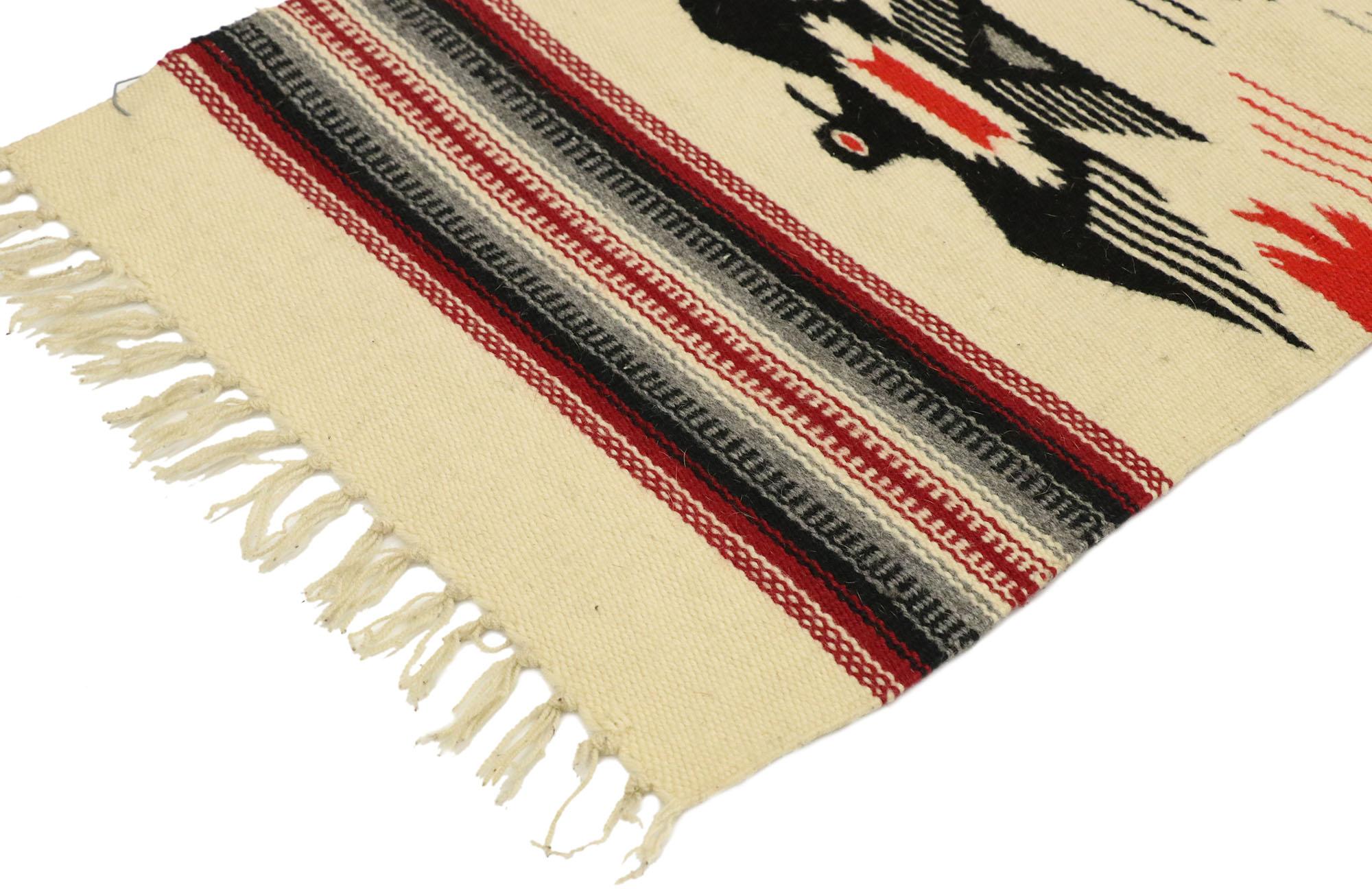 77488 vintage Mexican throw blanket Kilim accent rug with Navajo two grey hills style. With its bold expressive design, incredible detail and texture, this hand-woven wool vintage Mexican throw blanket kilim accent rug is a captivating vision of