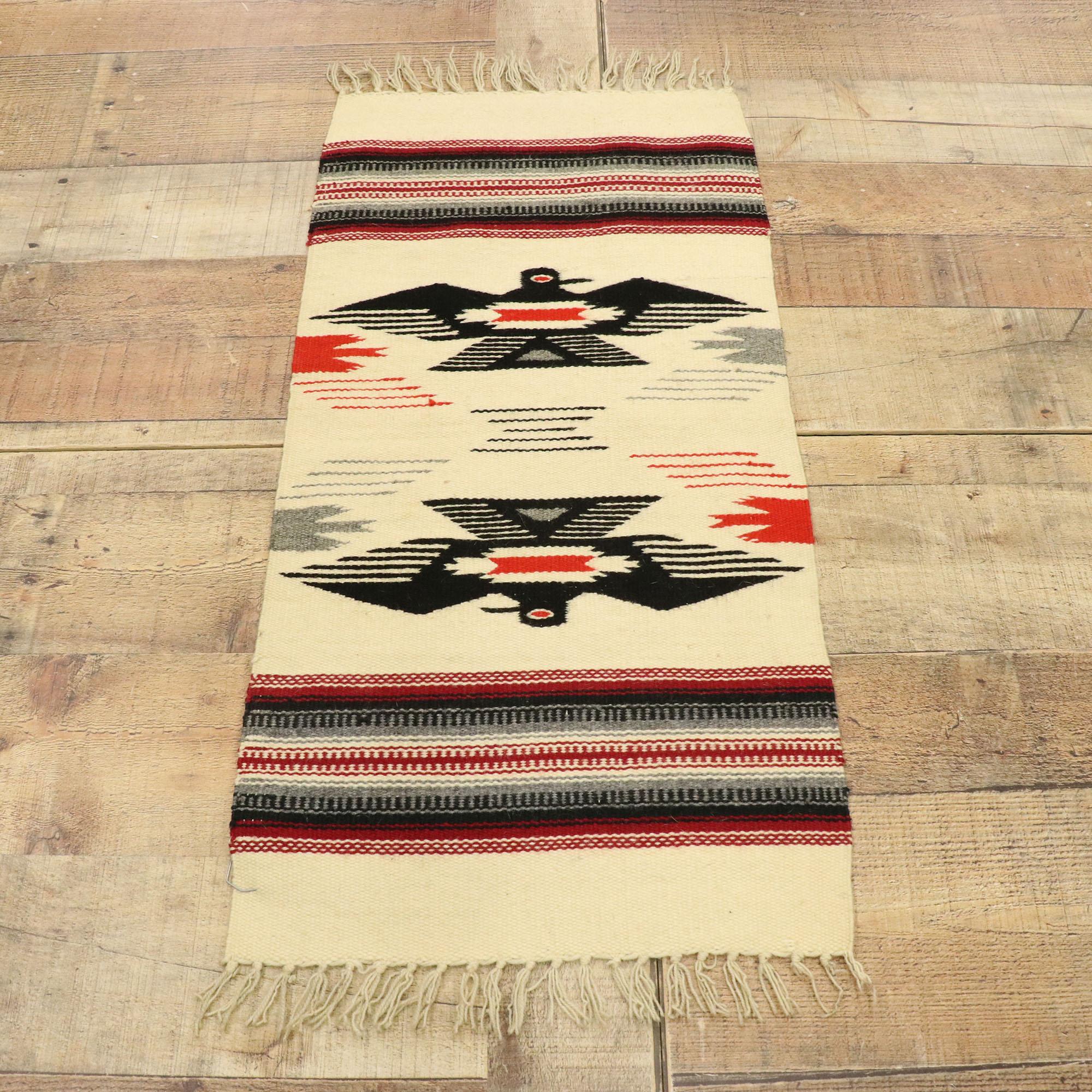 Hand-Woven Vintage Mexican Throw Blanket Kilim Accent Rug with Navajo Two Grey Hills Style