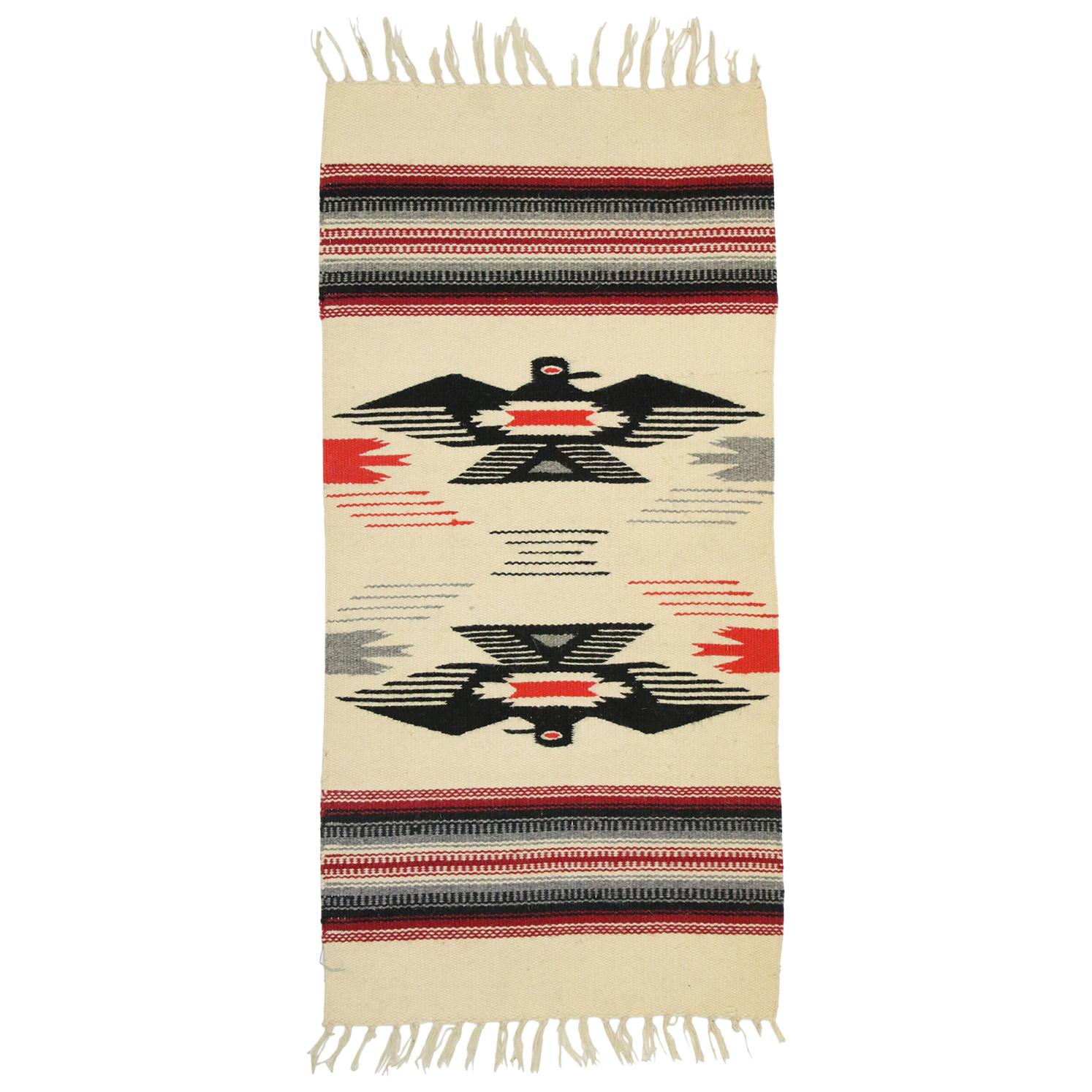 Vintage Mexican Throw Blanket Kilim Accent Rug with Navajo Two Grey Hills Style