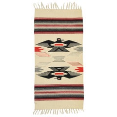 Vintage Mexican Throw Blanket Kilim Accent Rug with Navajo Two Grey Hills Style