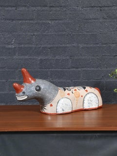 Vintage Mexican Tonalá Hand-Painted Ceramic Rhinoceros Sculpture