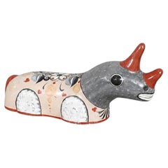 Vintage Mexican Tonalá Hand-Painted Ceramic Rhinoceros Sculpture