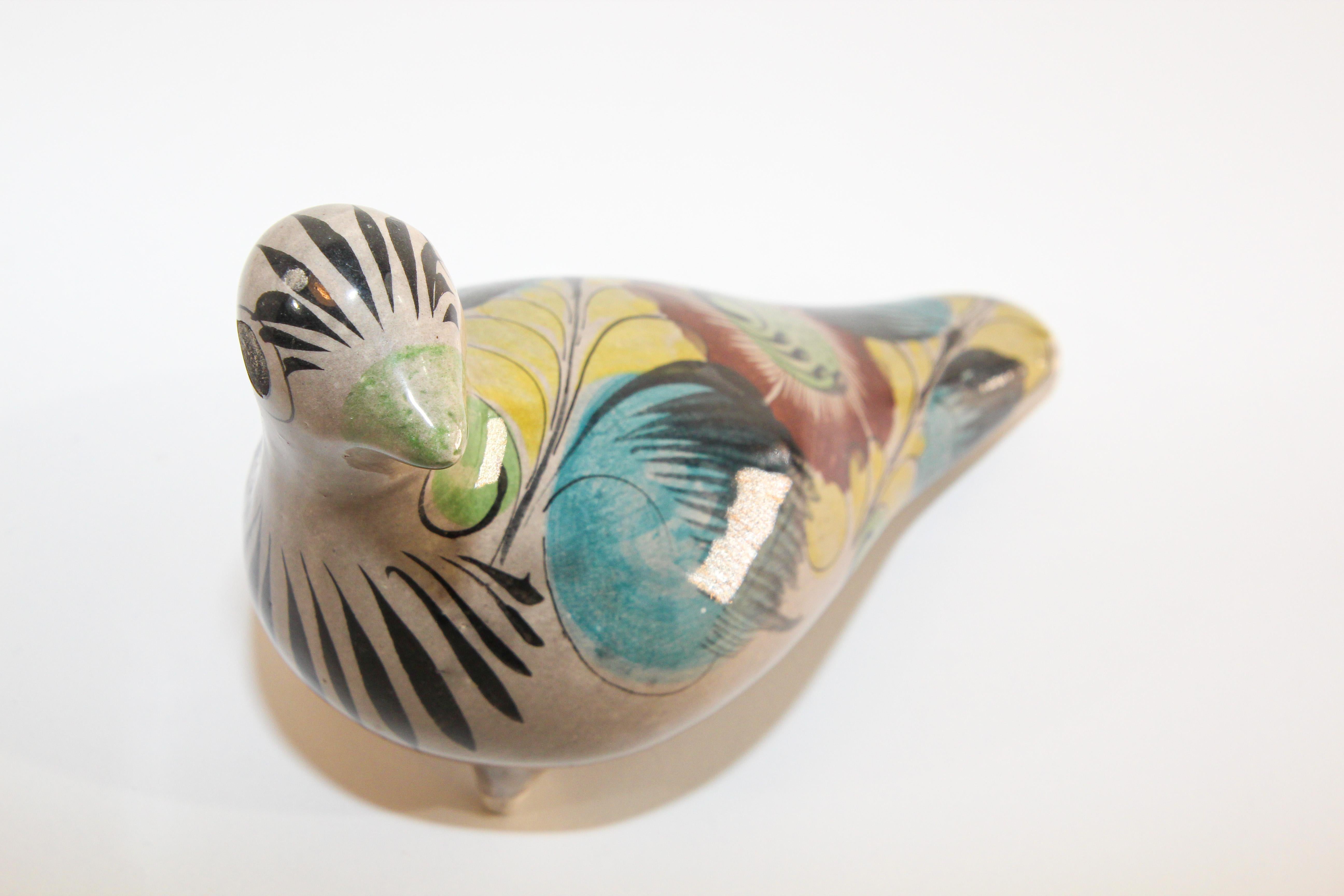 Hand-Crafted Vintage Mexican Tonala Pottery Hand Painted Bird For Sale