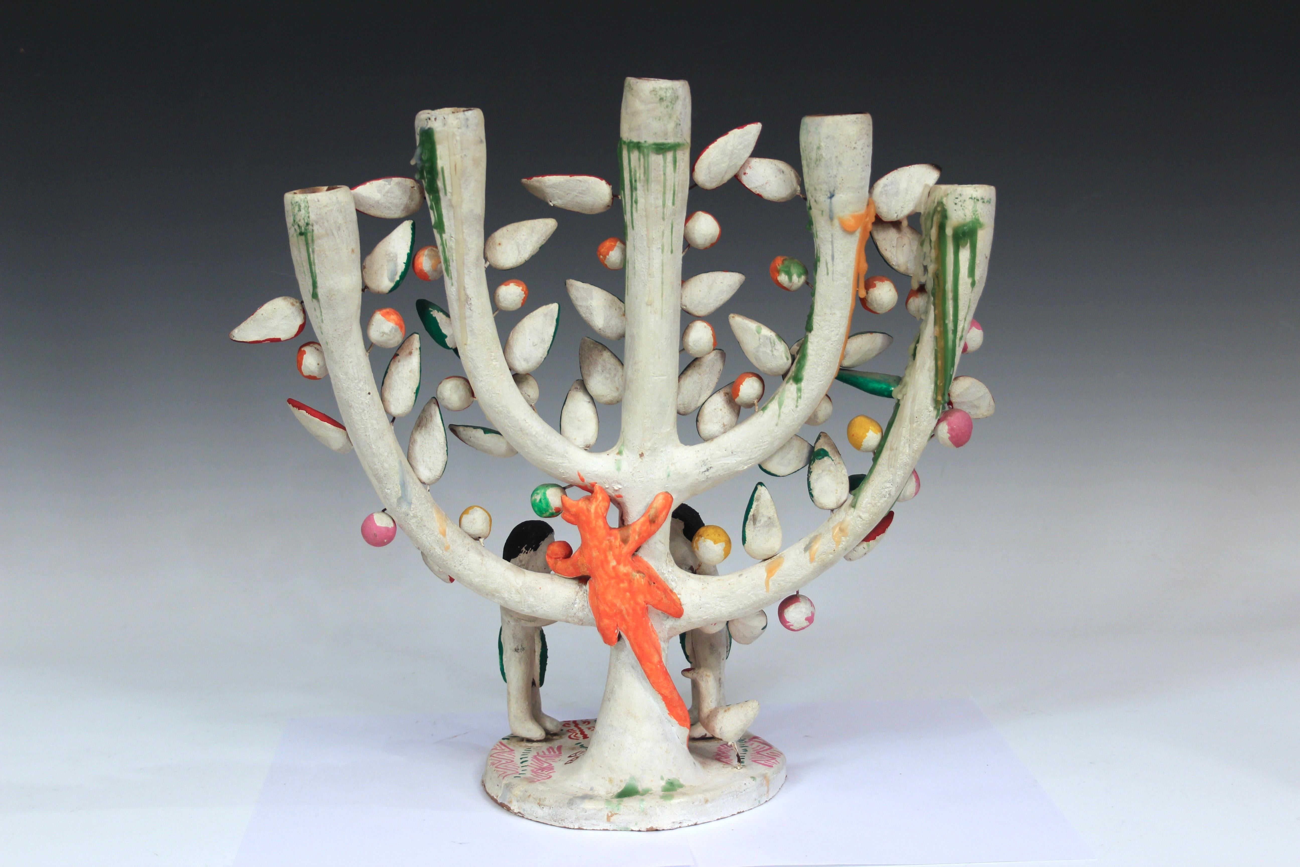 Vintage Mexican Tree of Life pottery candelabra with Adam and Eve beneath a fruit tree, circa 1970's. In a style often attributed to Heron Martinez Mendoza. Signed on base. 15