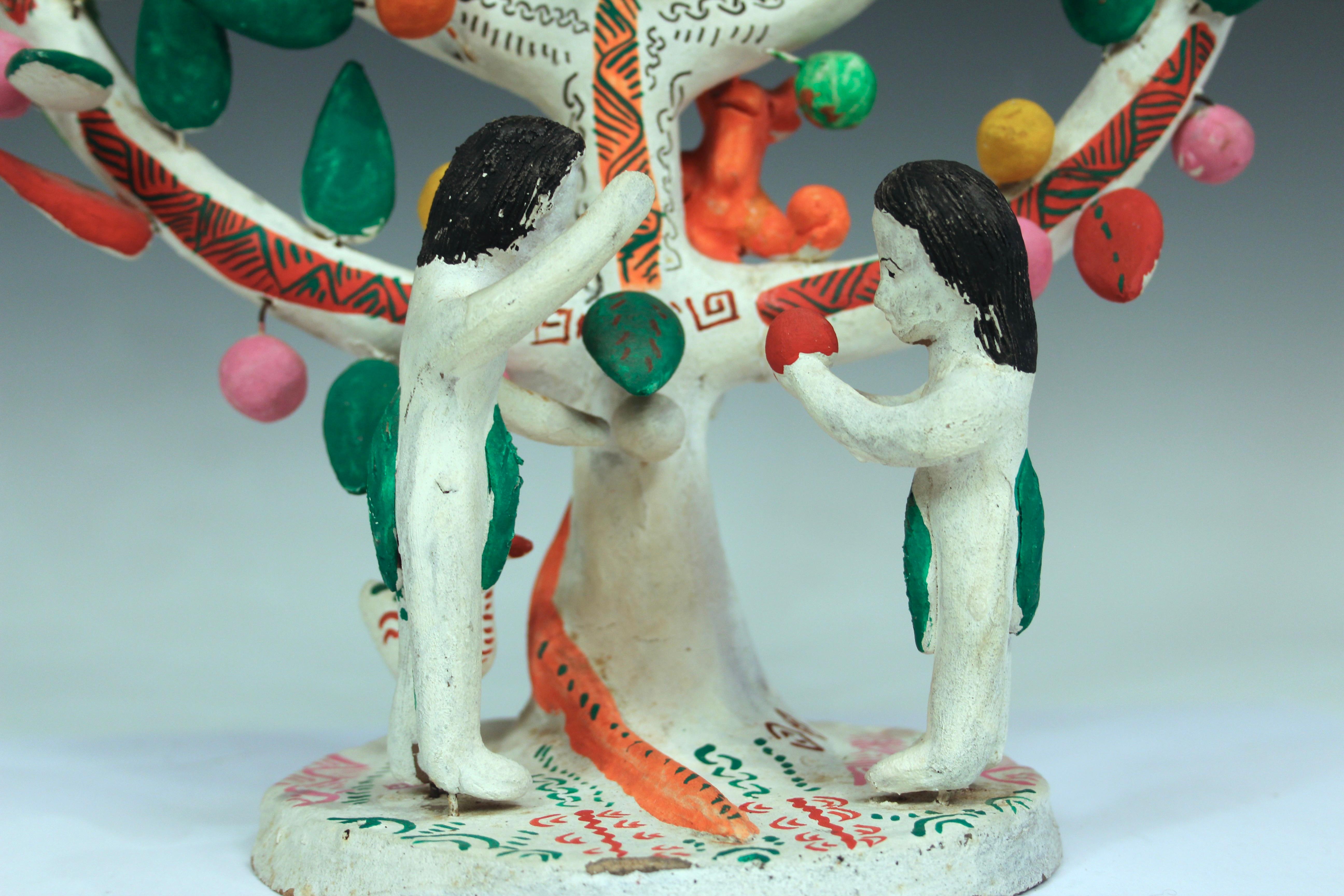Mexikanische mexikanische Baum des Lebens Keramik Adam & Eve Kandelaber Skulptur signiert (Polychromiert)