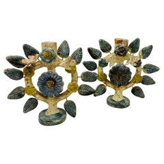 Vintage Mexican Tree of Life Terracotta Candle Holders (Pair 1960s)
