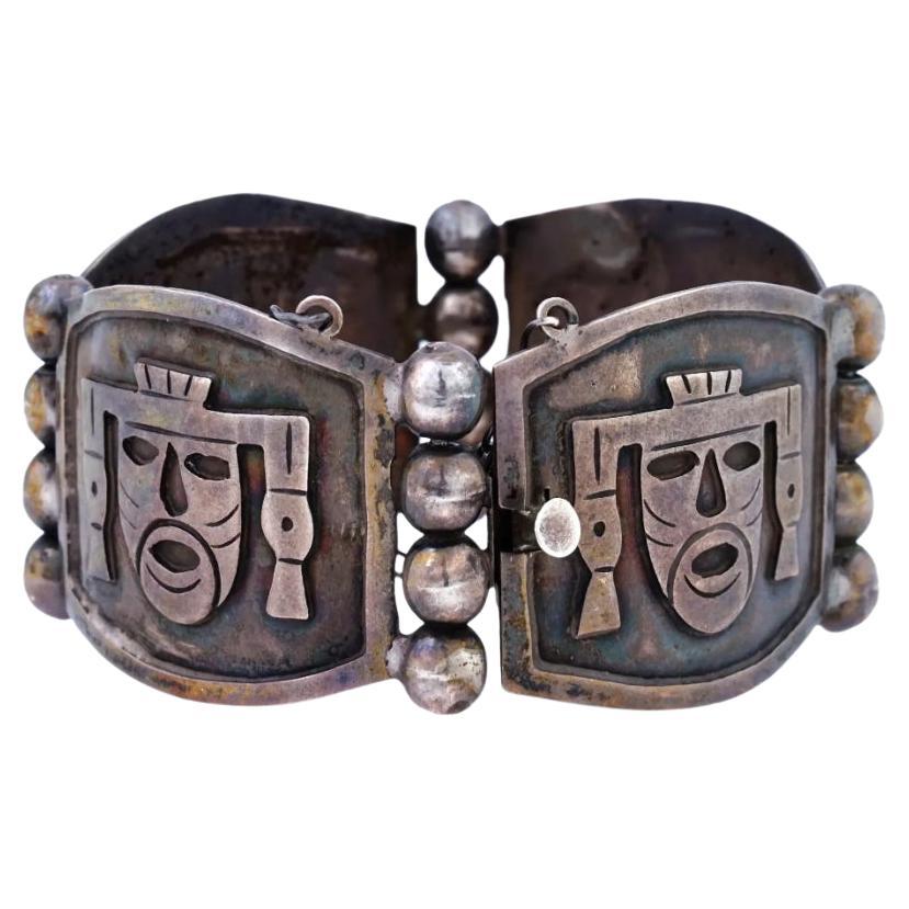 Vintage Mexican Tribal Sterling Silver Link Bracelet Aztec Masks For Sale