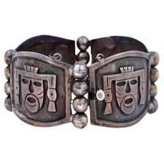 Bracelet mexicain tribal vintage à maillons en argent sterling Masques aztèques