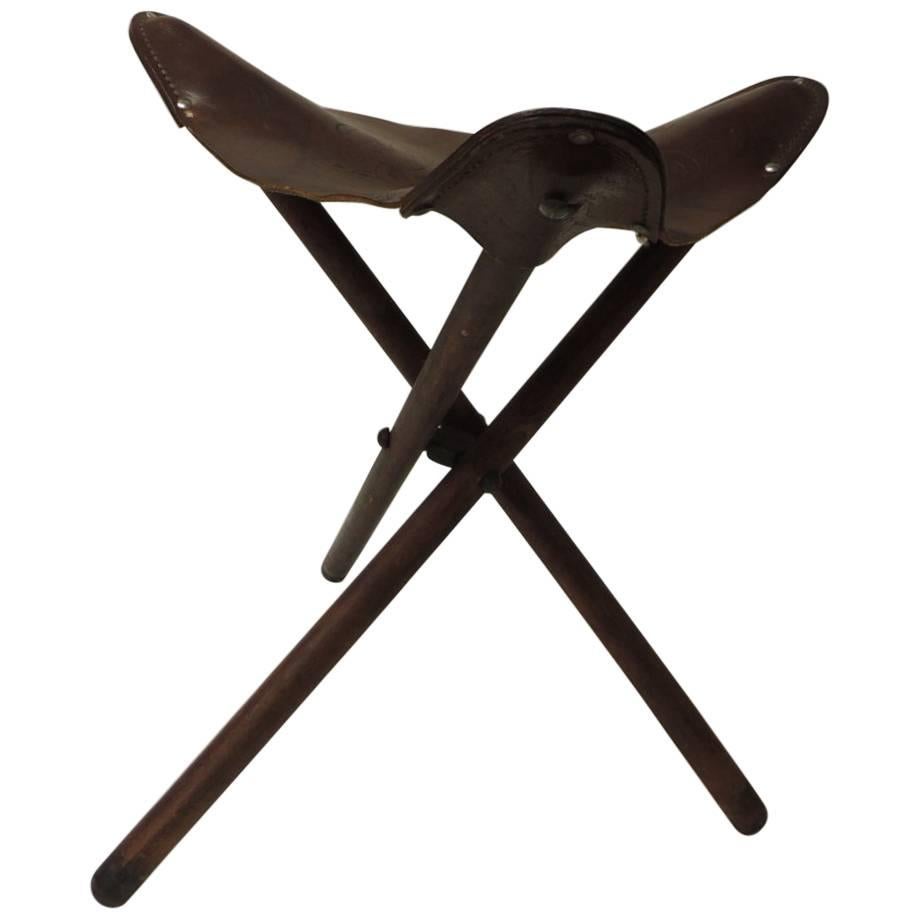 Vintage Mexican Tripod Leather and Wood Folding Stool