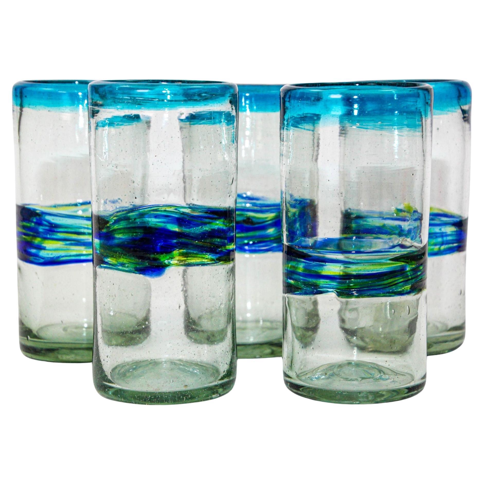 Vintage Mexican Tumblers Drinking Glasses with a Swirl Band Set of 5 Barware For Sale