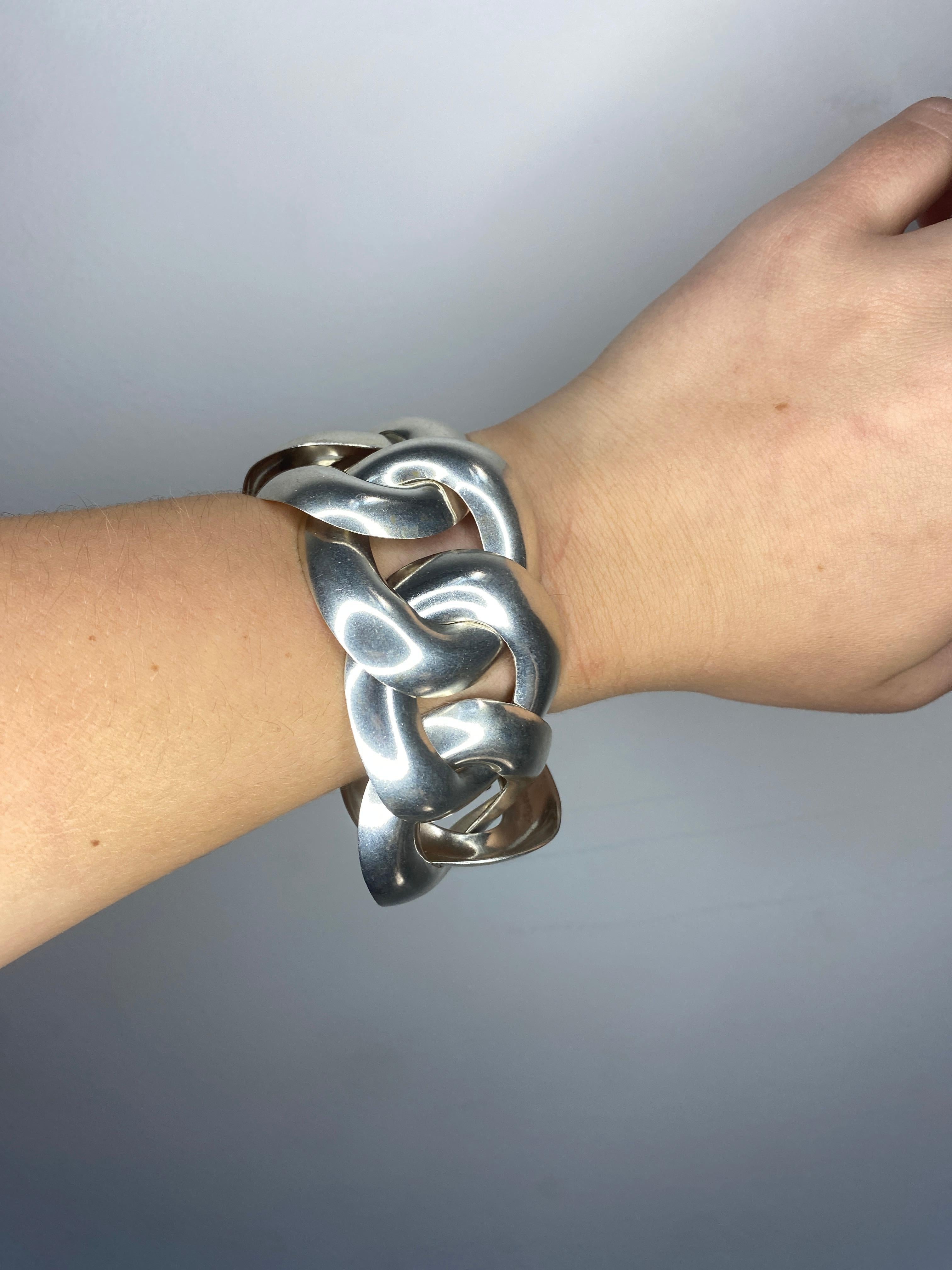 Women's or Men's Vintage Mexican Wide Chain Link Bracelet, Sterling Silver For Sale