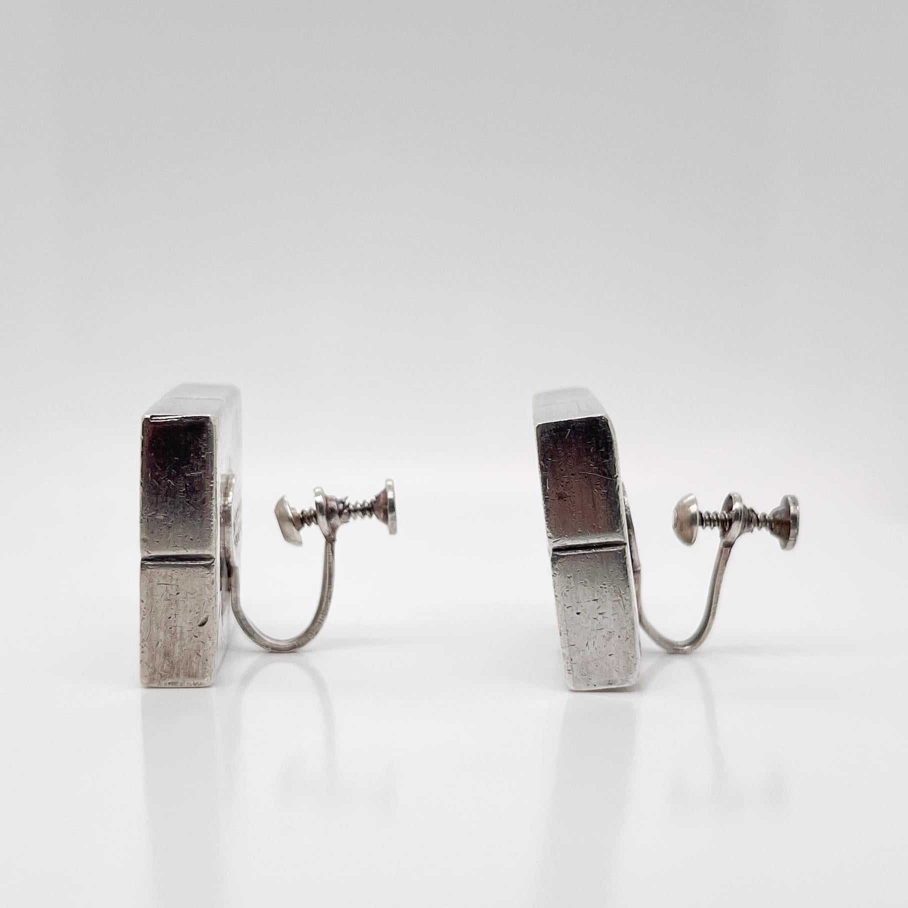 Vintage Mexican William Spratling Silver Modernist Square Cube Earrings & Brooch For Sale 5
