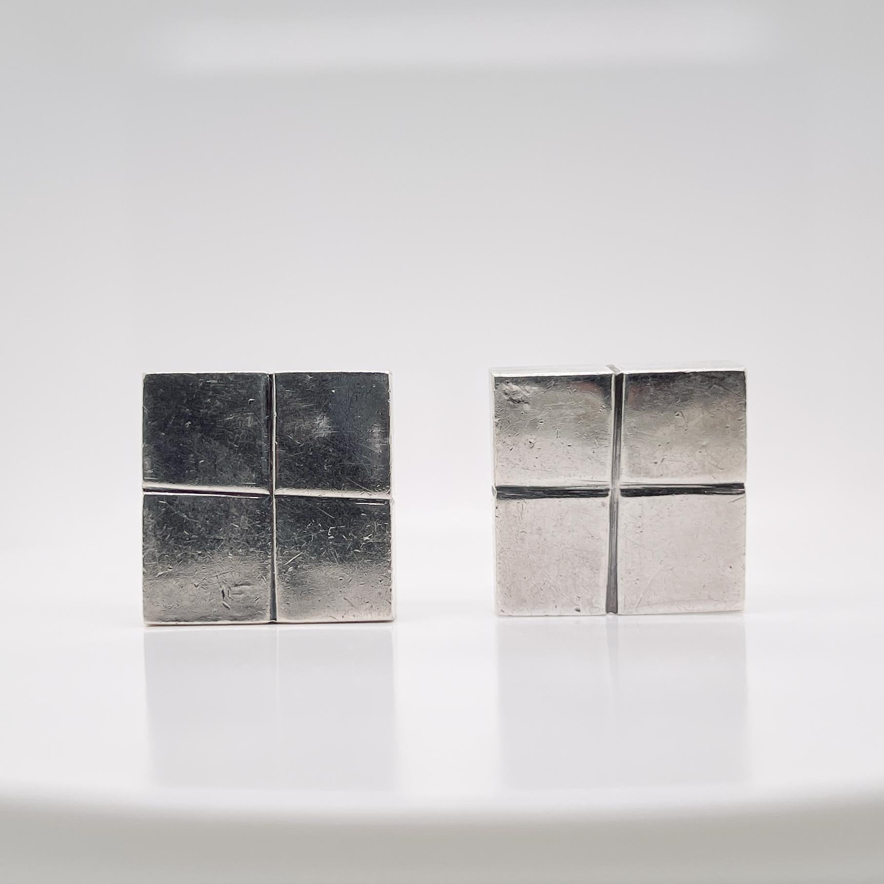 Vintage Mexican William Spratling Silver Modernist Square Cube Earrings & Brooch For Sale 7
