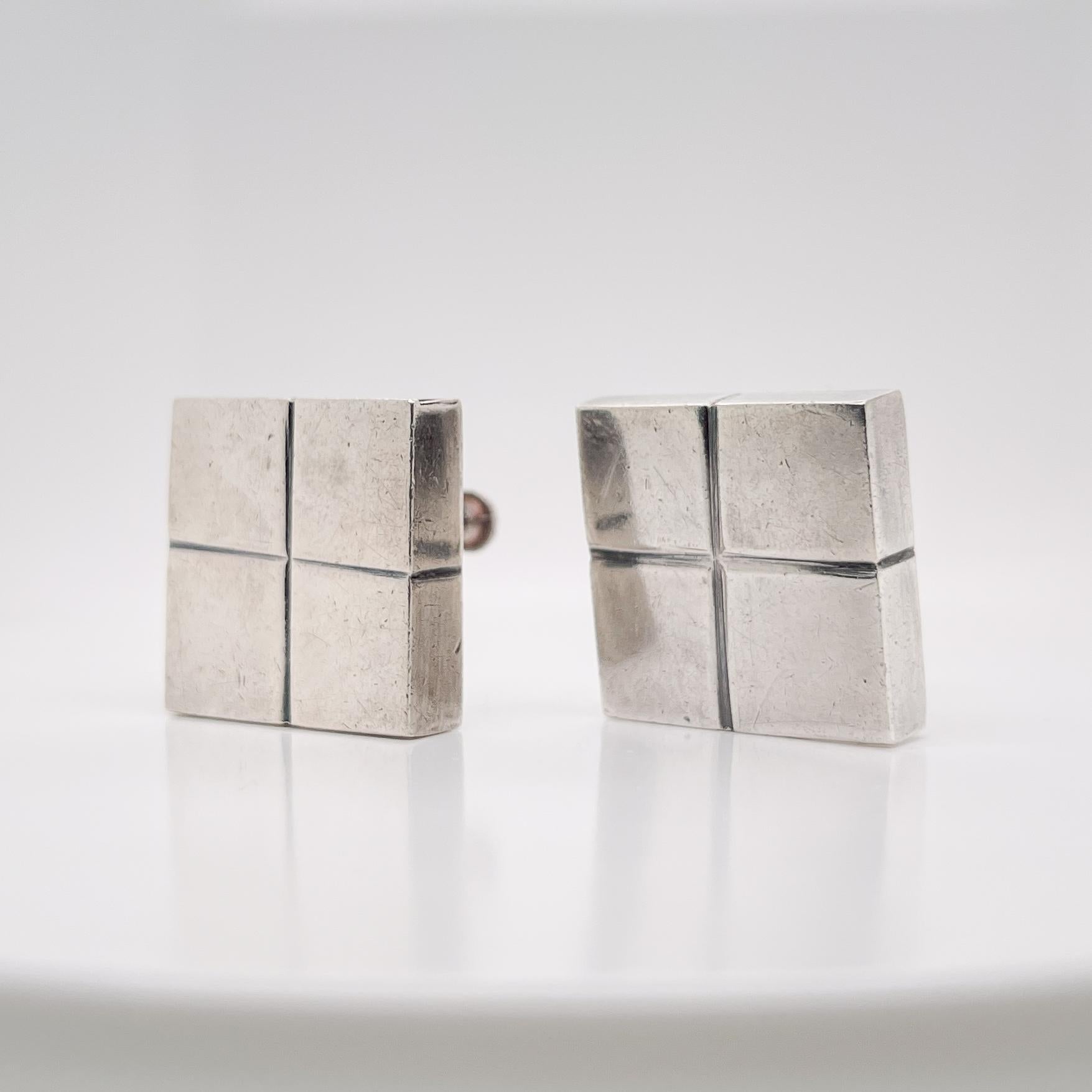 Vintage Mexican William Spratling Silver Modernist Square Cube Earrings & Brooch For Sale 8