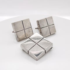 Pendientes y broche modernistas vintage mexicanos William Spratling de plata en forma de cubo cuadrado