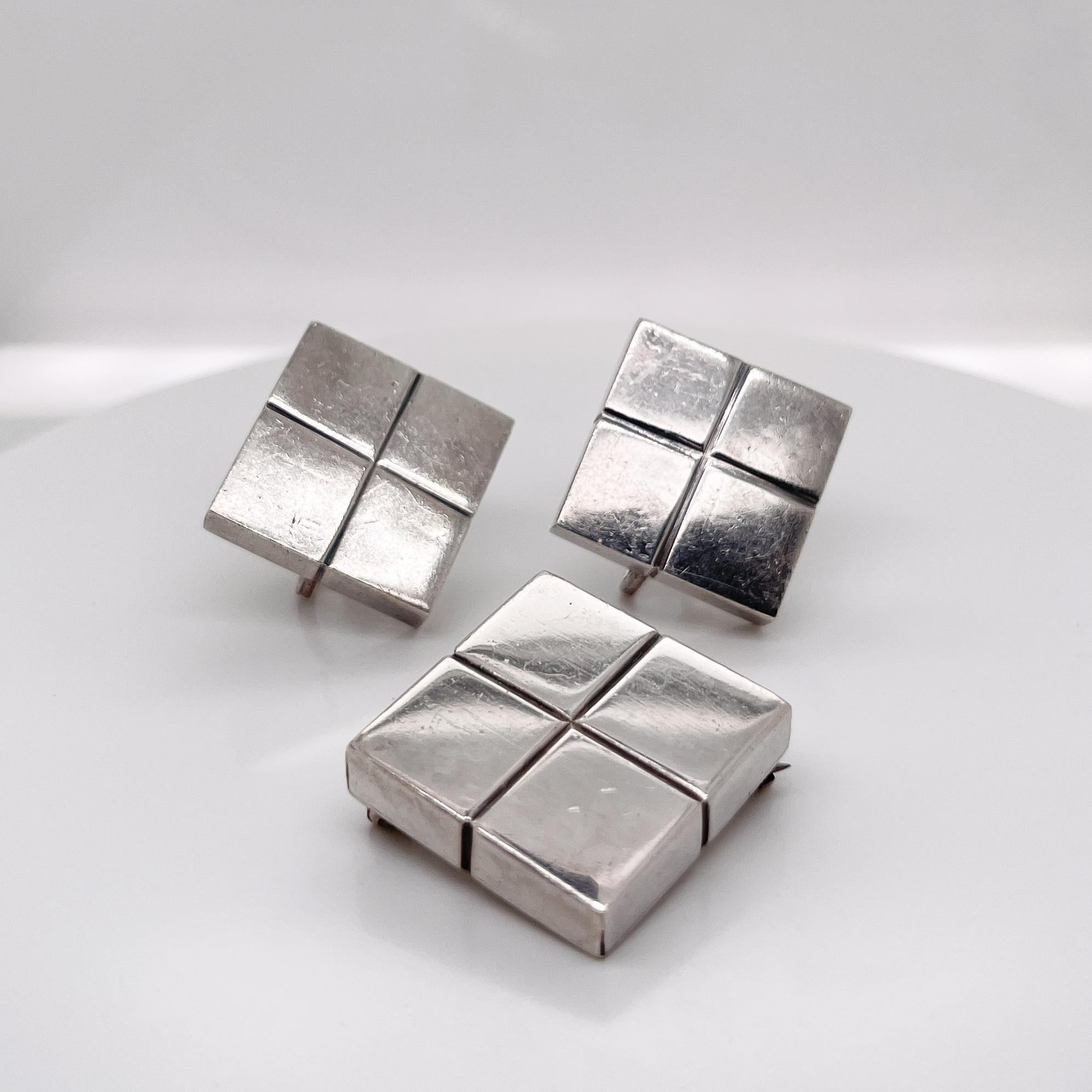 Modernista Orecchini a forma di cubo quadrato modernista d'epoca in argento William Spratling e spilla in vendita