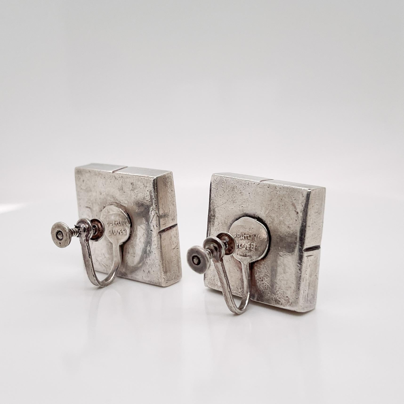 Vintage Mexican William Spratling Silver Modernist Square Cube Earrings & Brooch For Sale 1