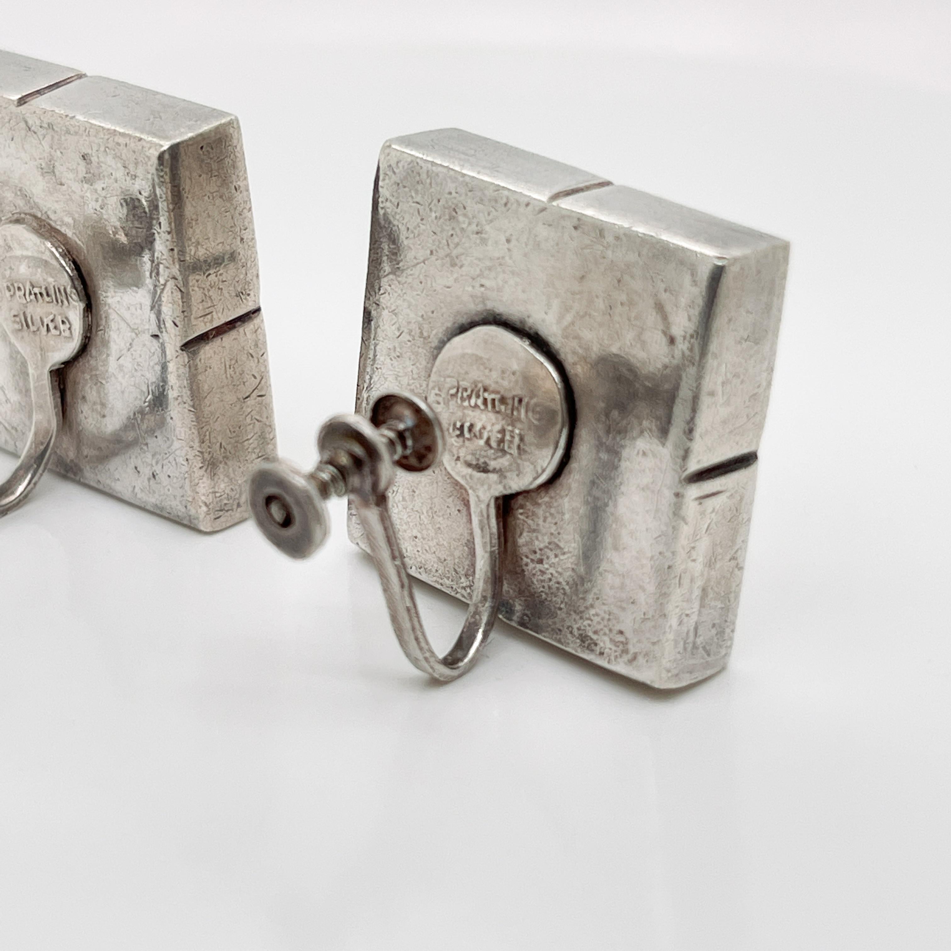Vintage Mexican William Spratling Silver Modernist Square Cube Earrings & Brooch For Sale 2