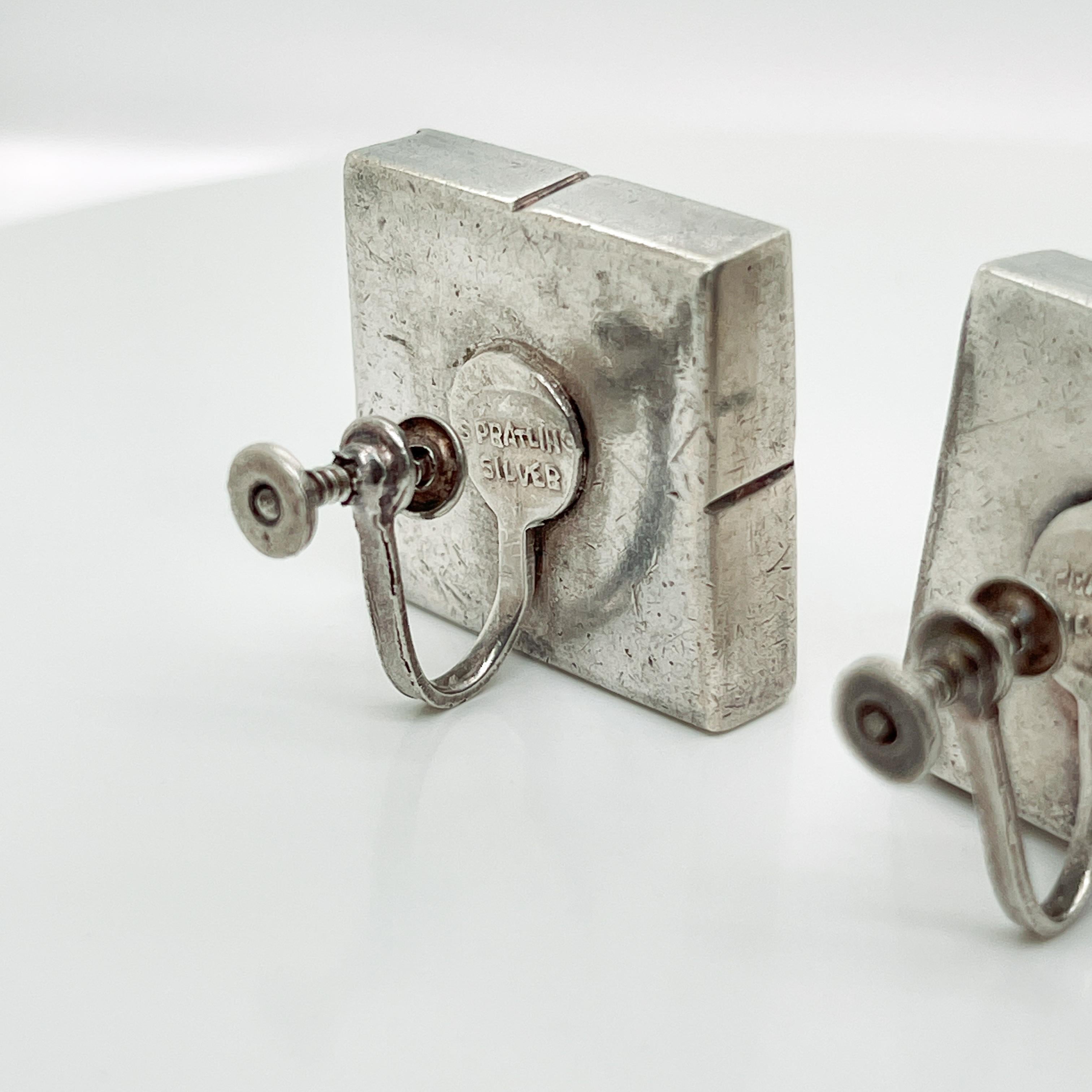 Vintage Mexican William Spratling Silver Modernist Square Cube Earrings & Brooch For Sale 3