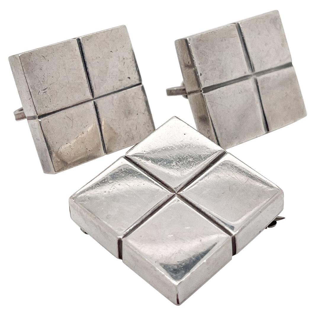 Vintage Mexican William Spratling Silver Modernist Square Cube Earrings & Brooch