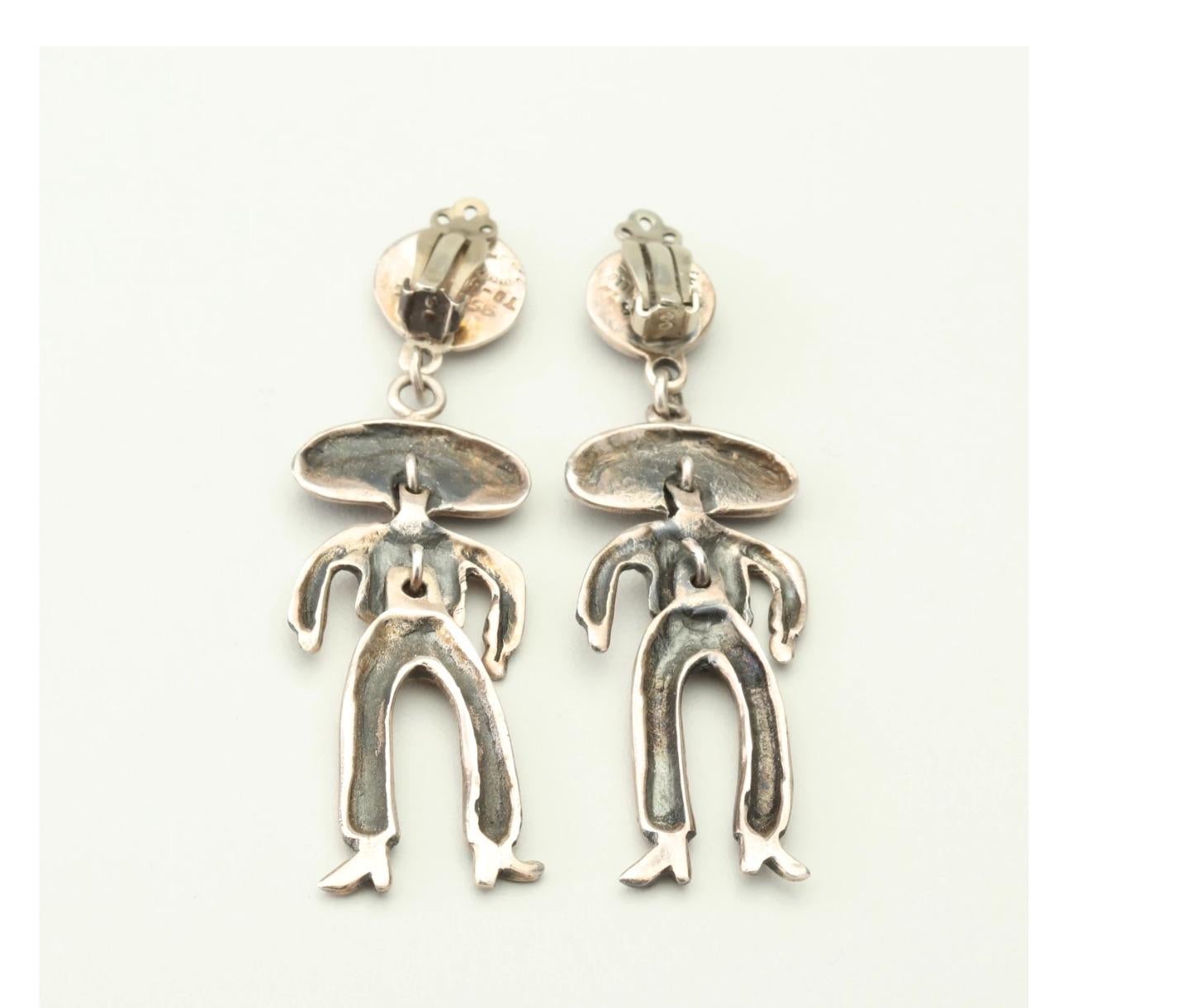 Vintage Mexico Emilia Castillo 950 Silver Dangle Earrings-'Day of Dead Cowboy' In Excellent Condition For Sale In West Palm Beach, FL