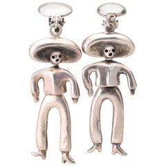 Vintage Mexico Emilia Castillo 950 Silver Dangle Earrings-'Day of Dead Cowboy'