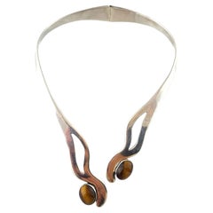 Vintage Mexico MSR Sterling Silver Tigers Eye Clamper Necklace #18423