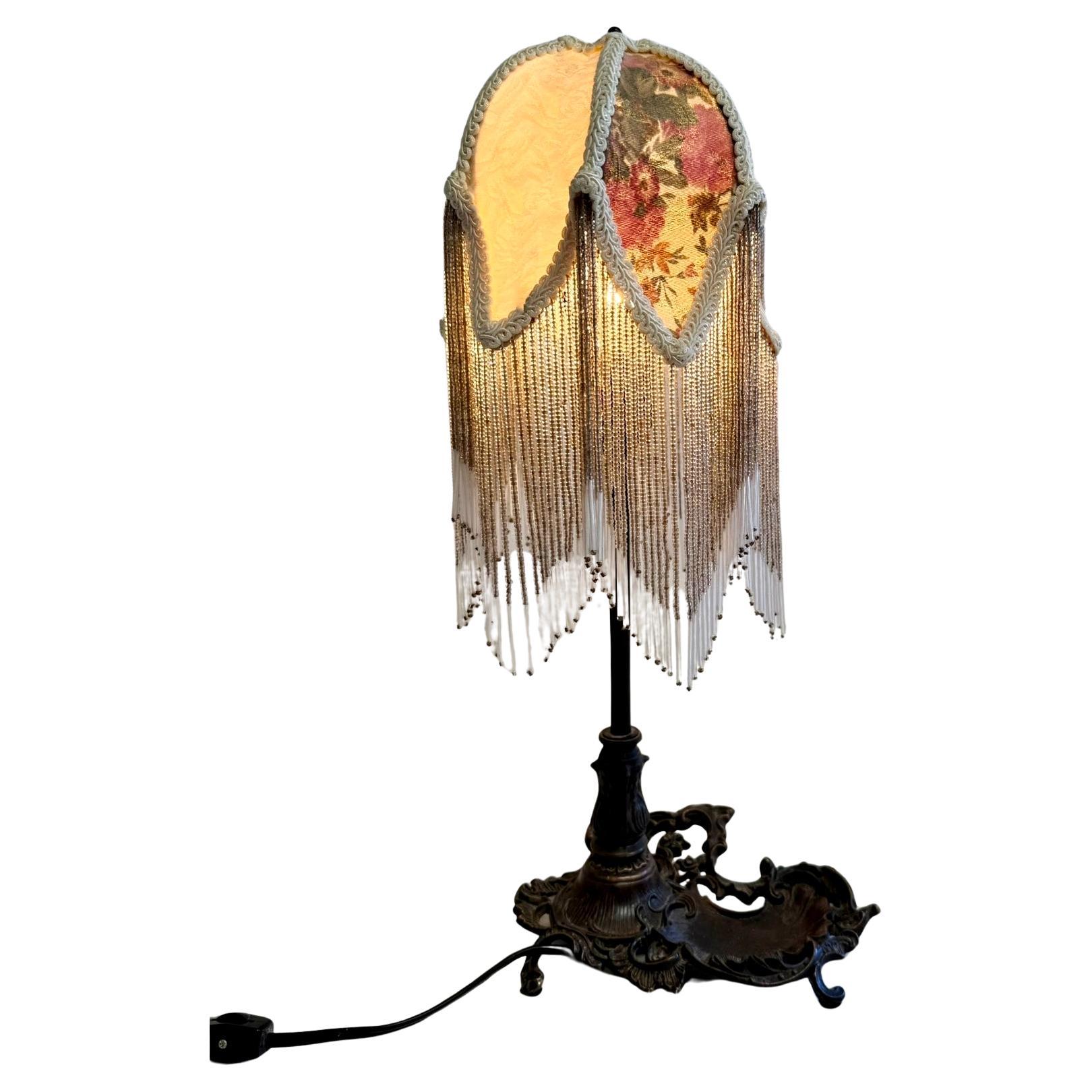 Vintage Meyda Tiffany Lamp Glass Bead Fringe Bronze Vanity Base