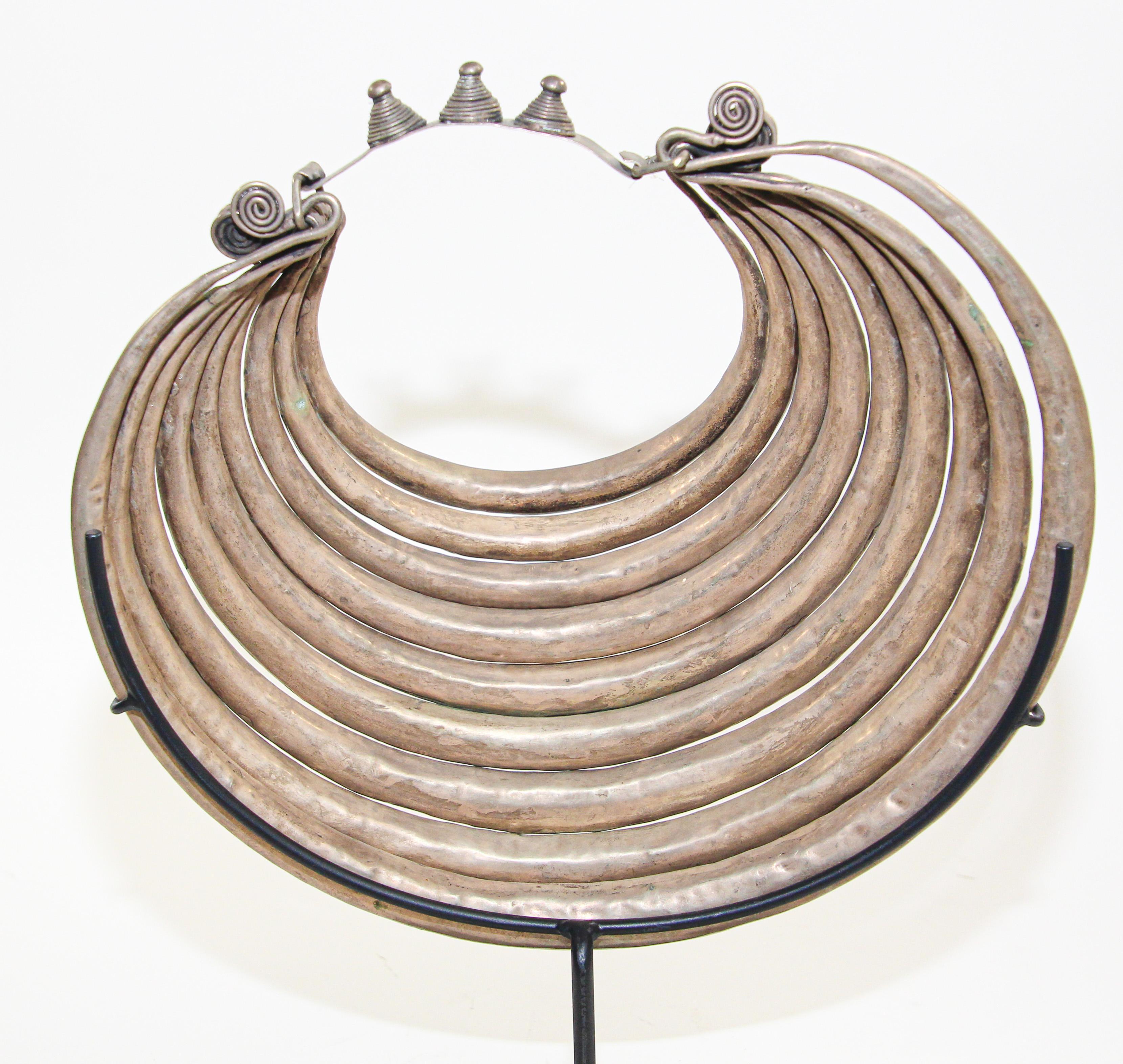 Vintage Miao Paktong Ceremonial Collar Necklace on Stand, Laos 4