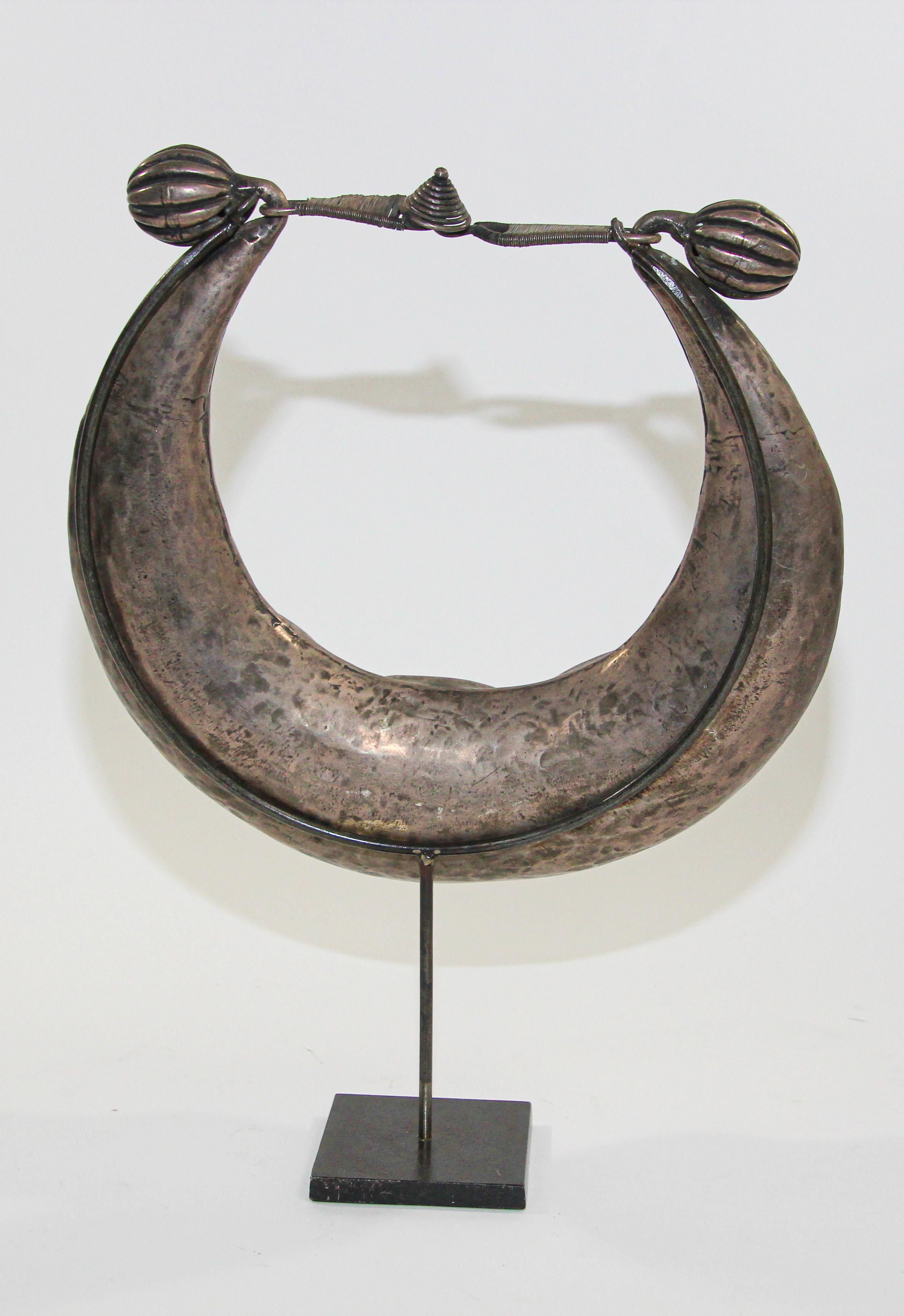 20th Century Vintage Miao Silver Ceremonial Necklace on Custom Stand, Laos