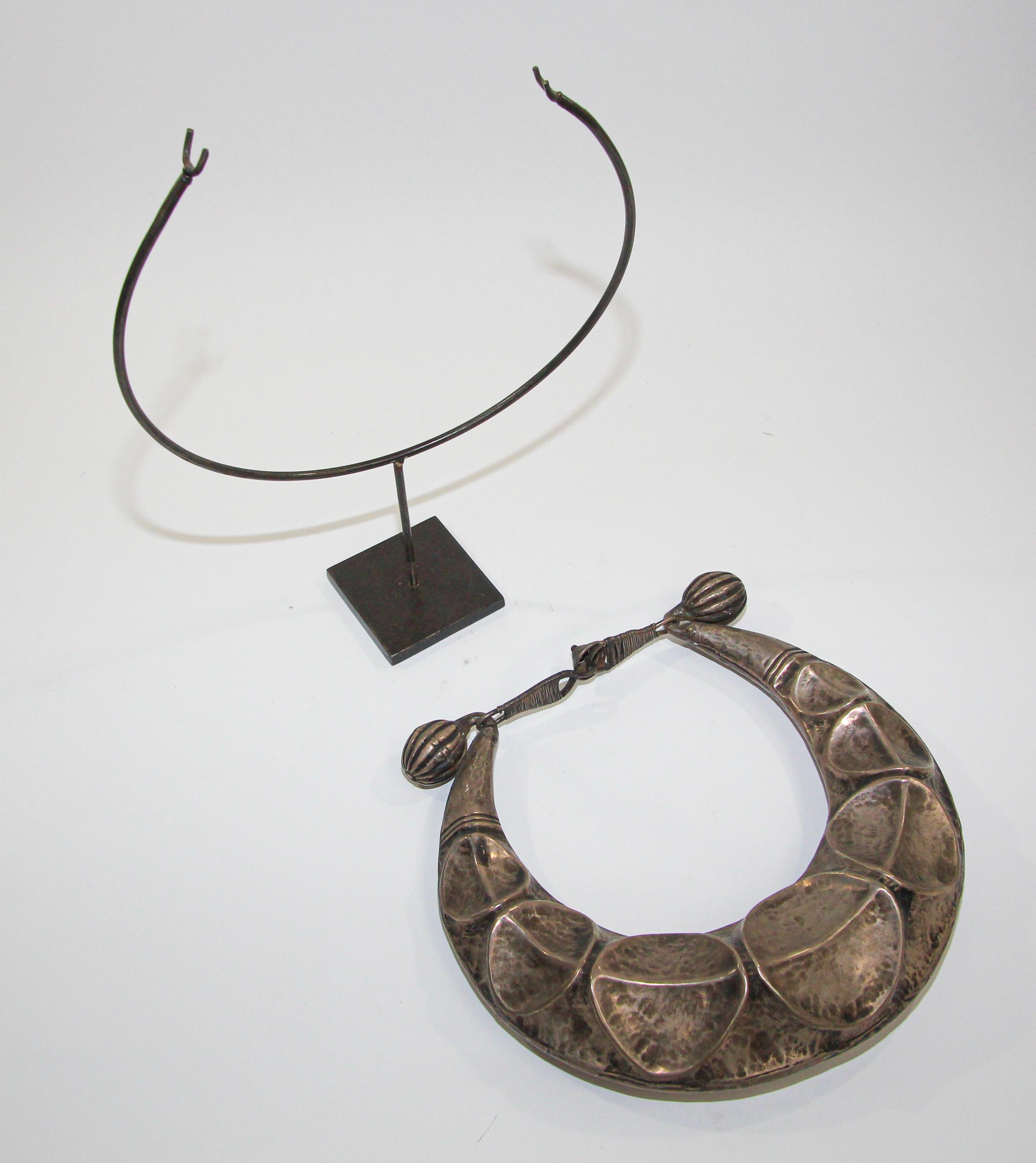 Copper Vintage Miao Silver Ceremonial Necklace on Custom Stand, Laos