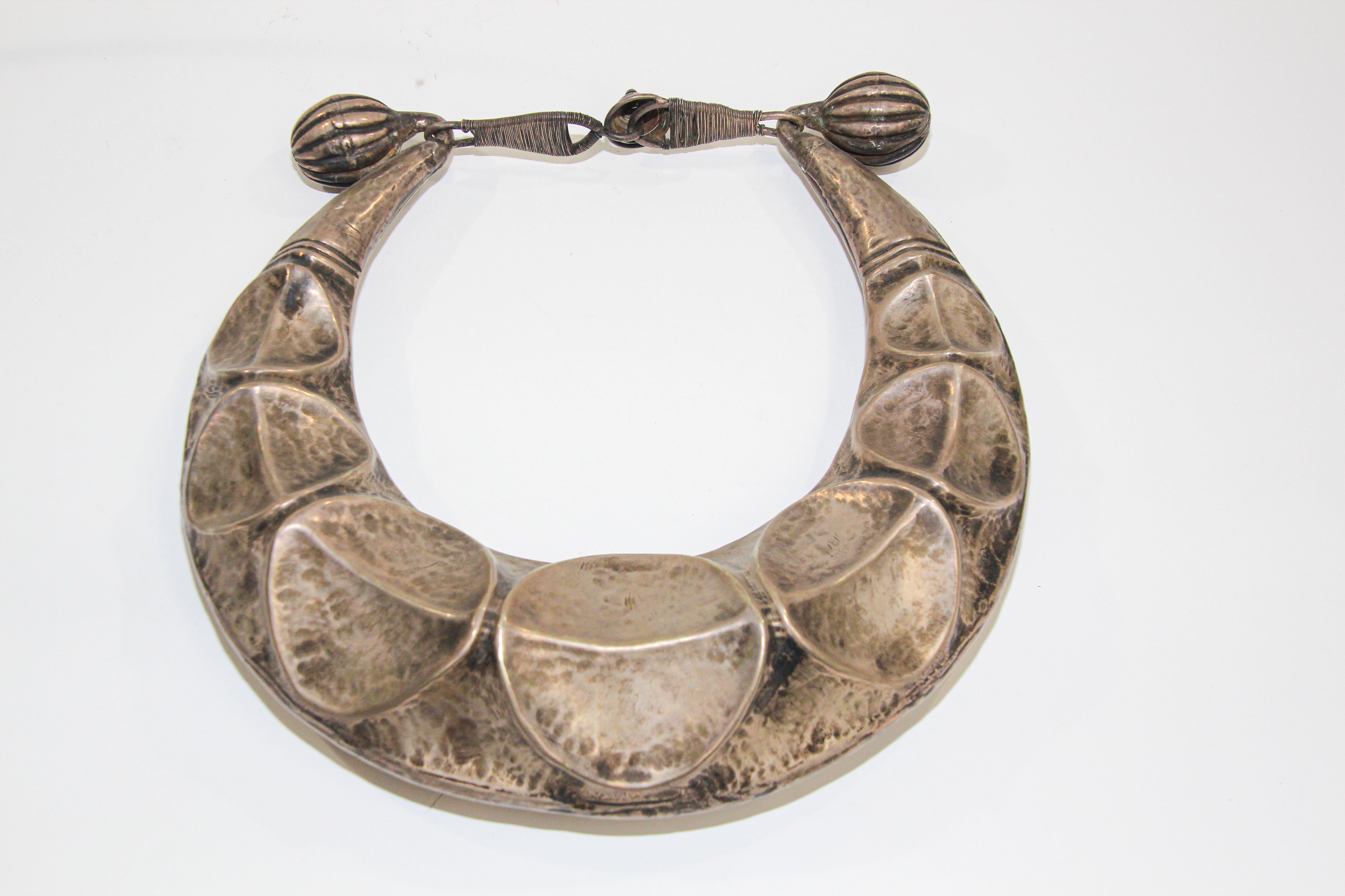 Vintage Miao Silver Ceremonial Necklace on Custom Stand, Laos 1