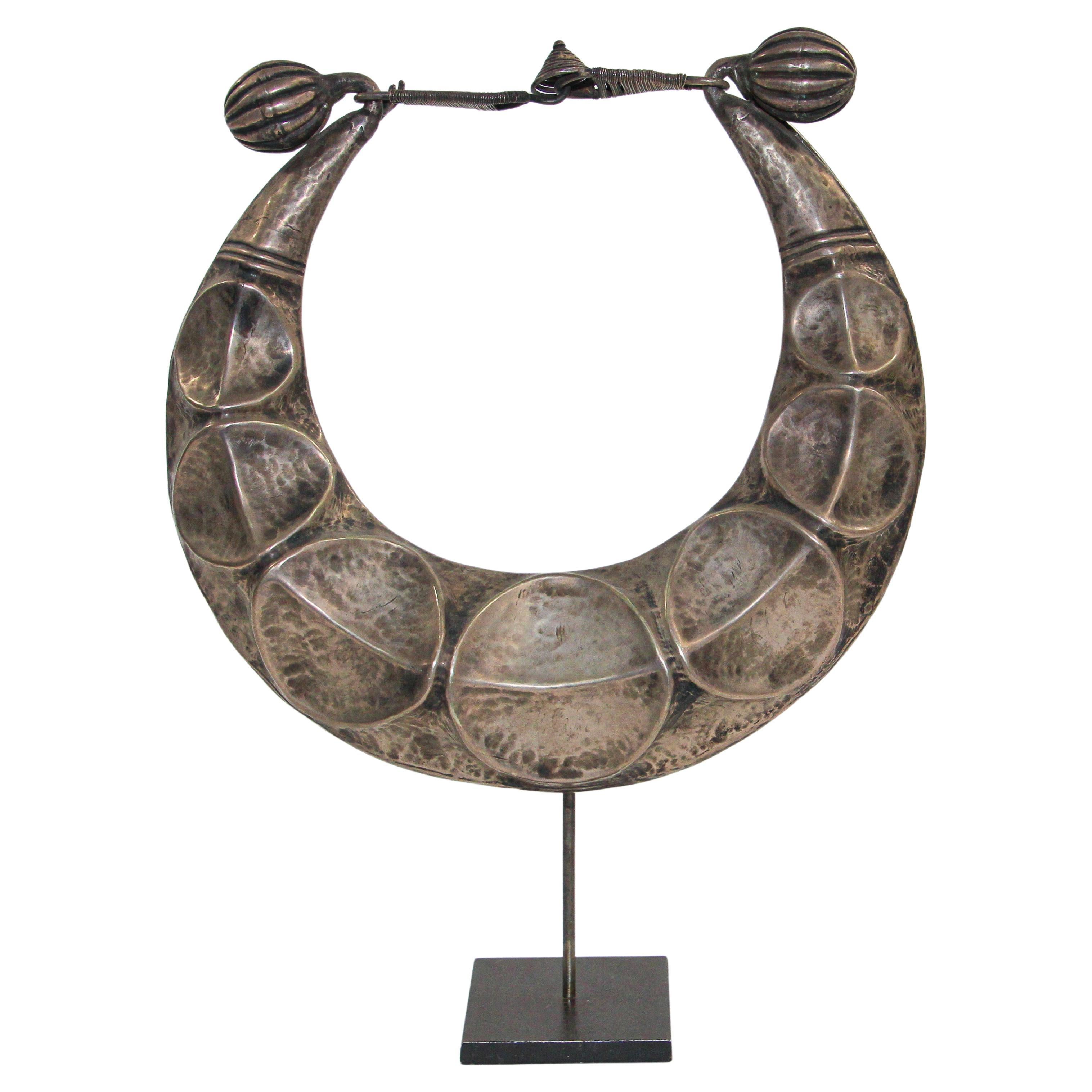 Vintage Miao Silver Ceremonial Necklace on Custom Stand, Laos