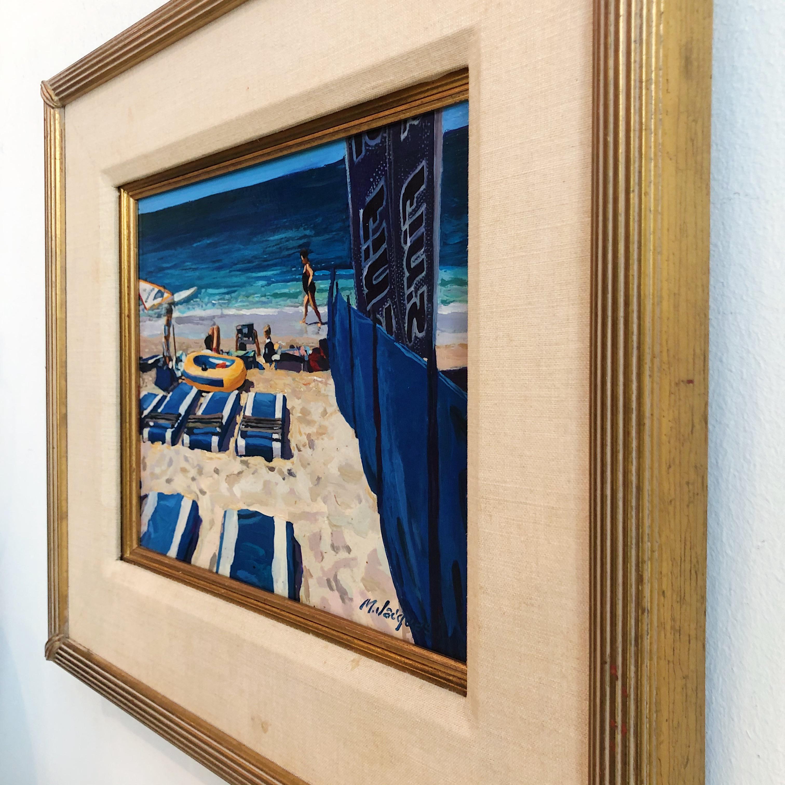 Colorful beach scene of the south of France oil on canvas, by world renowned artist Michael Jacques. in original wood frame with linen matting. Matting has some stains and wear.
Michael L. Jacques is a master printmaker, painter, and sculptor. His