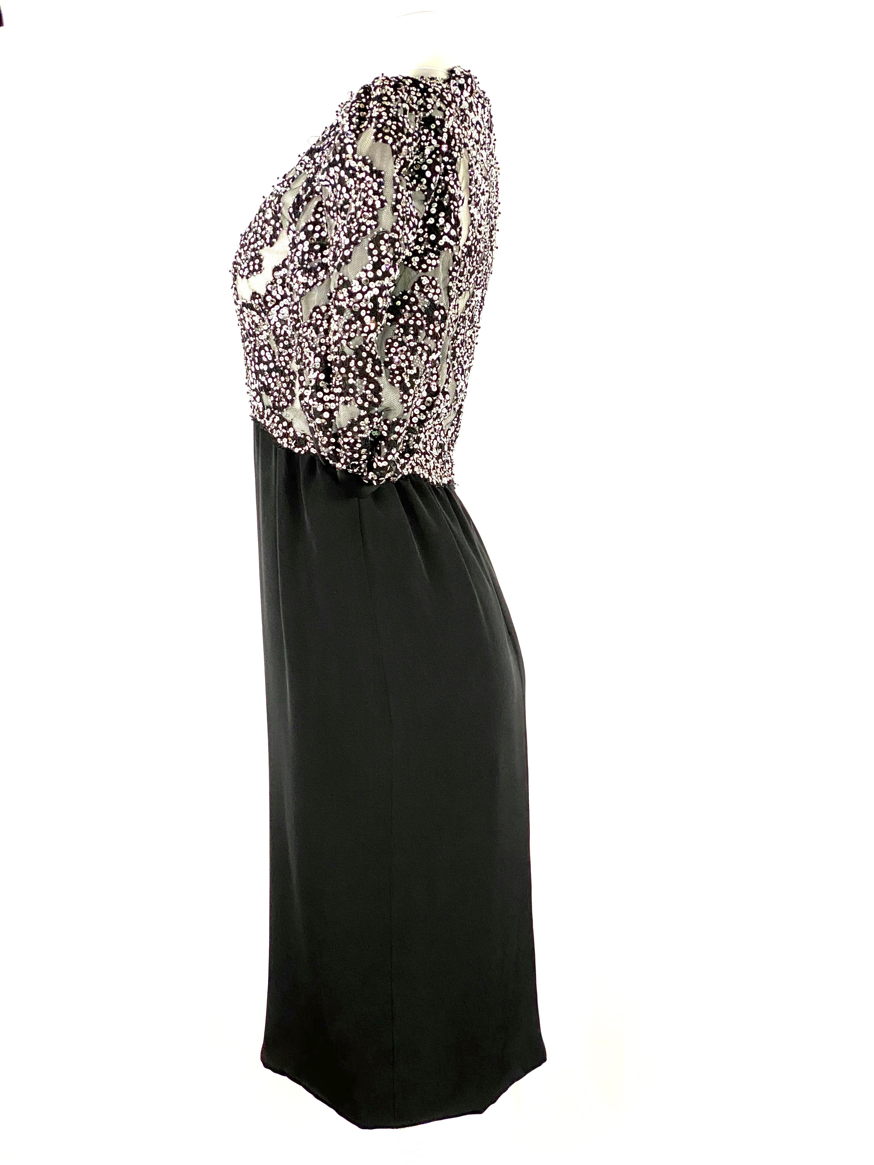 Vintage MICHAEL NOVARESE Black and White Sequin Silk Evening Dress Size Small For Sale 1