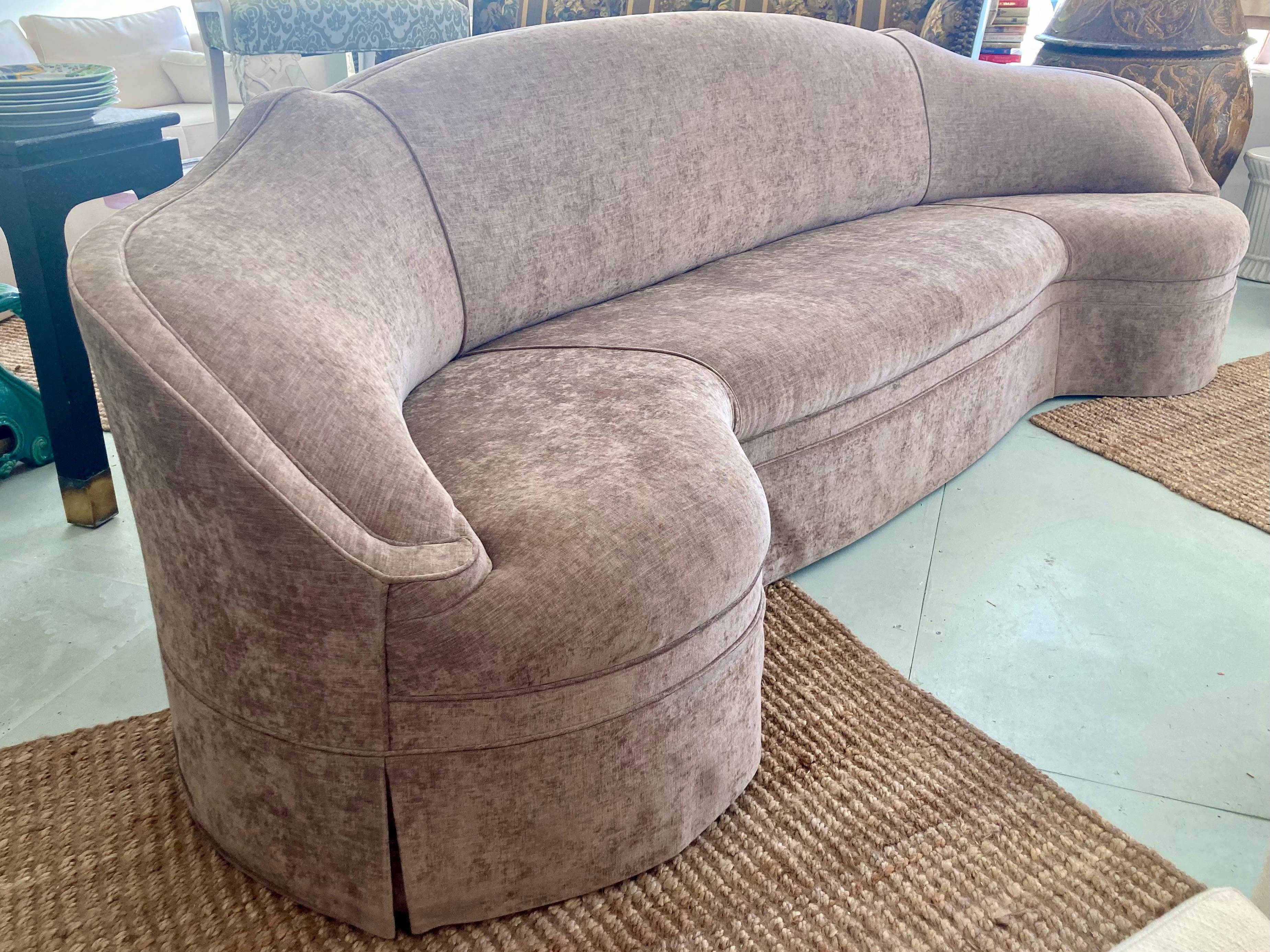 Beautiful vintage Michael Taylor custom Schiaparelli sofa. Custom size at 10 feet long! Nice velvet/chenille taupe color fabric. The fabric is in good condition. As-is. Some wear, but in good usable condition. You can also have your upholstery team