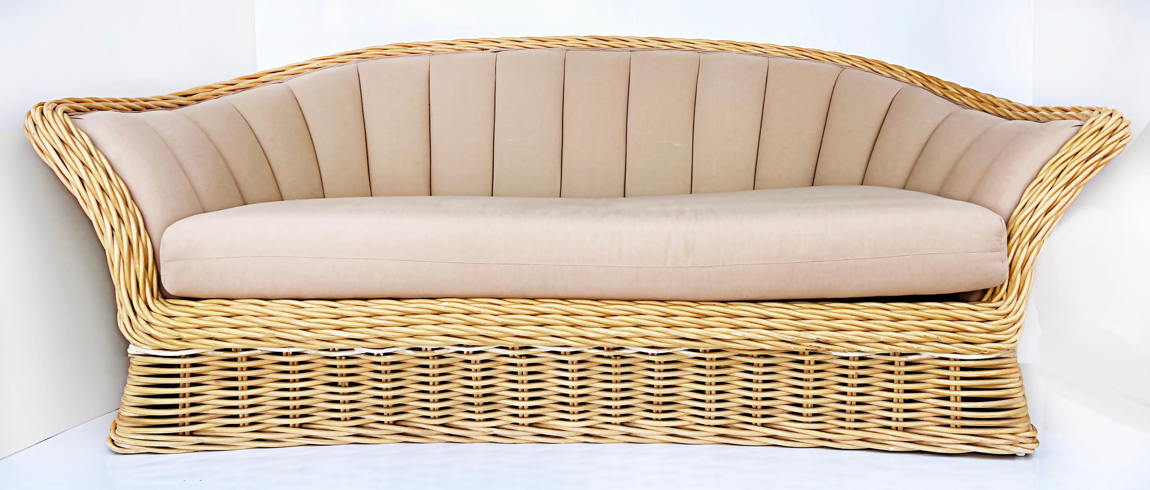 Hand-Woven Vintage Michael Taylor Style Woven Rattan Channel Sofa
