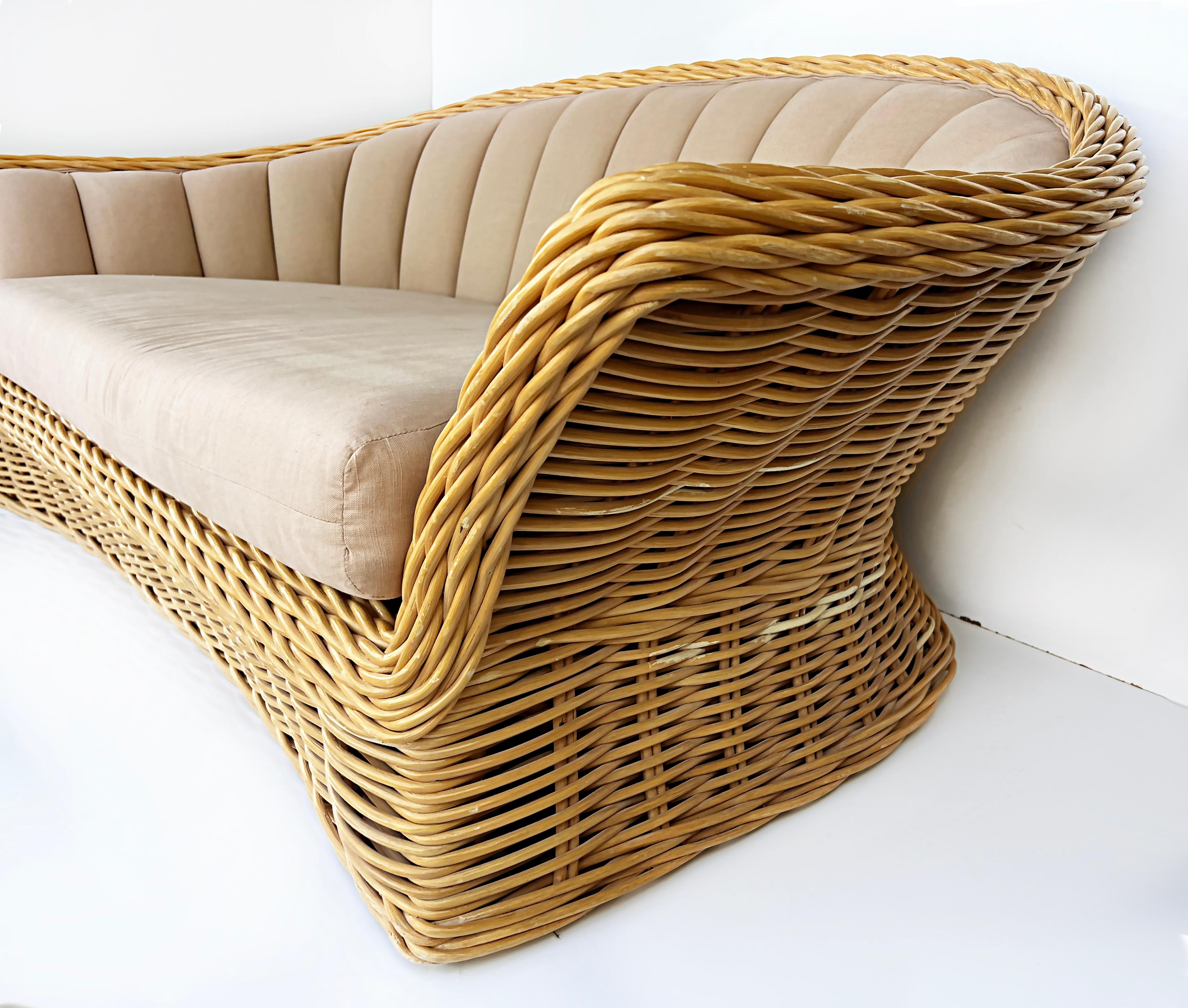 Vintage Michael Taylor Style Woven Rattan Channel Sofa In Good Condition In Miami, FL