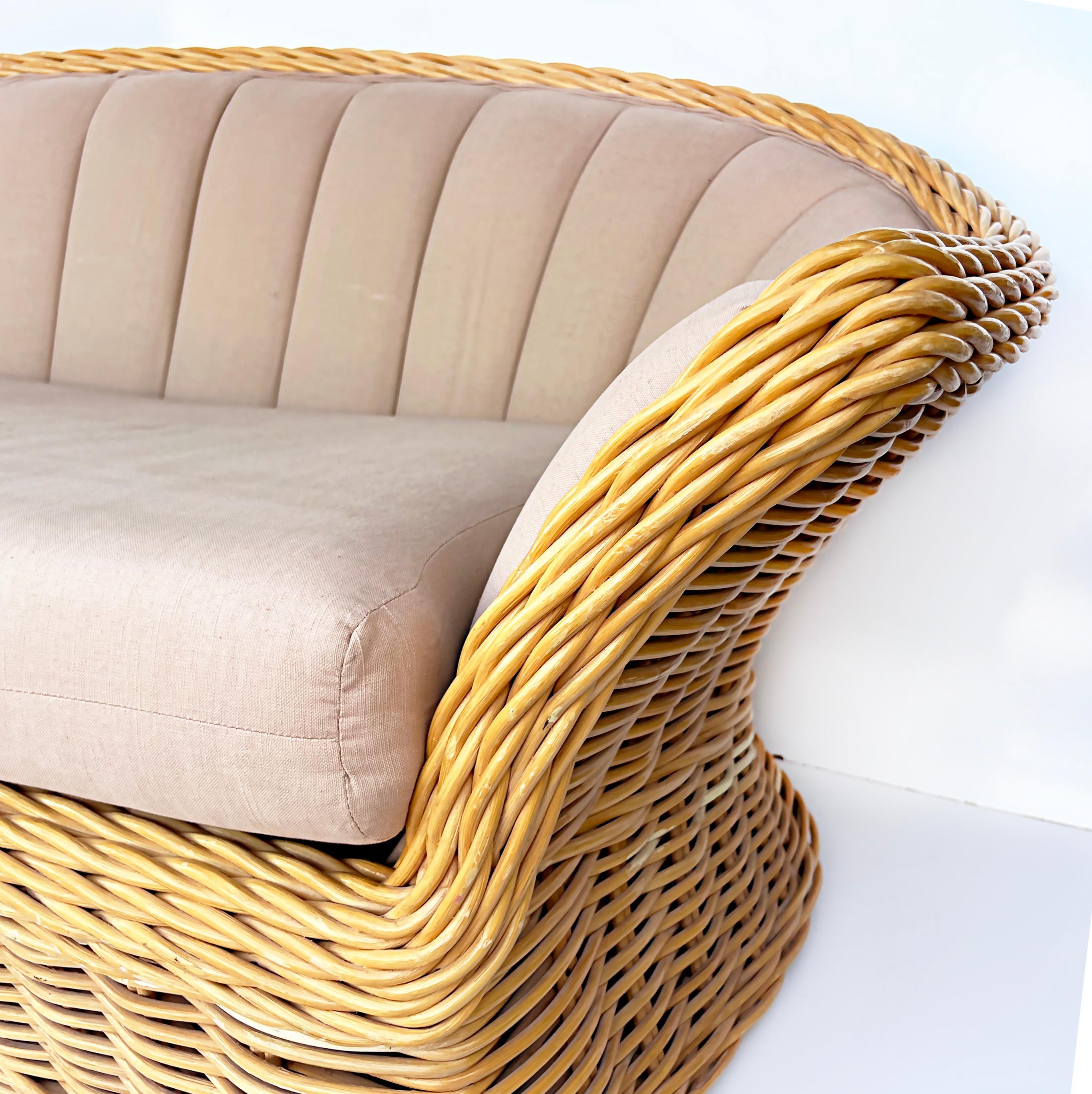 Fabric Vintage Michael Taylor Style Woven Rattan Channel Sofa