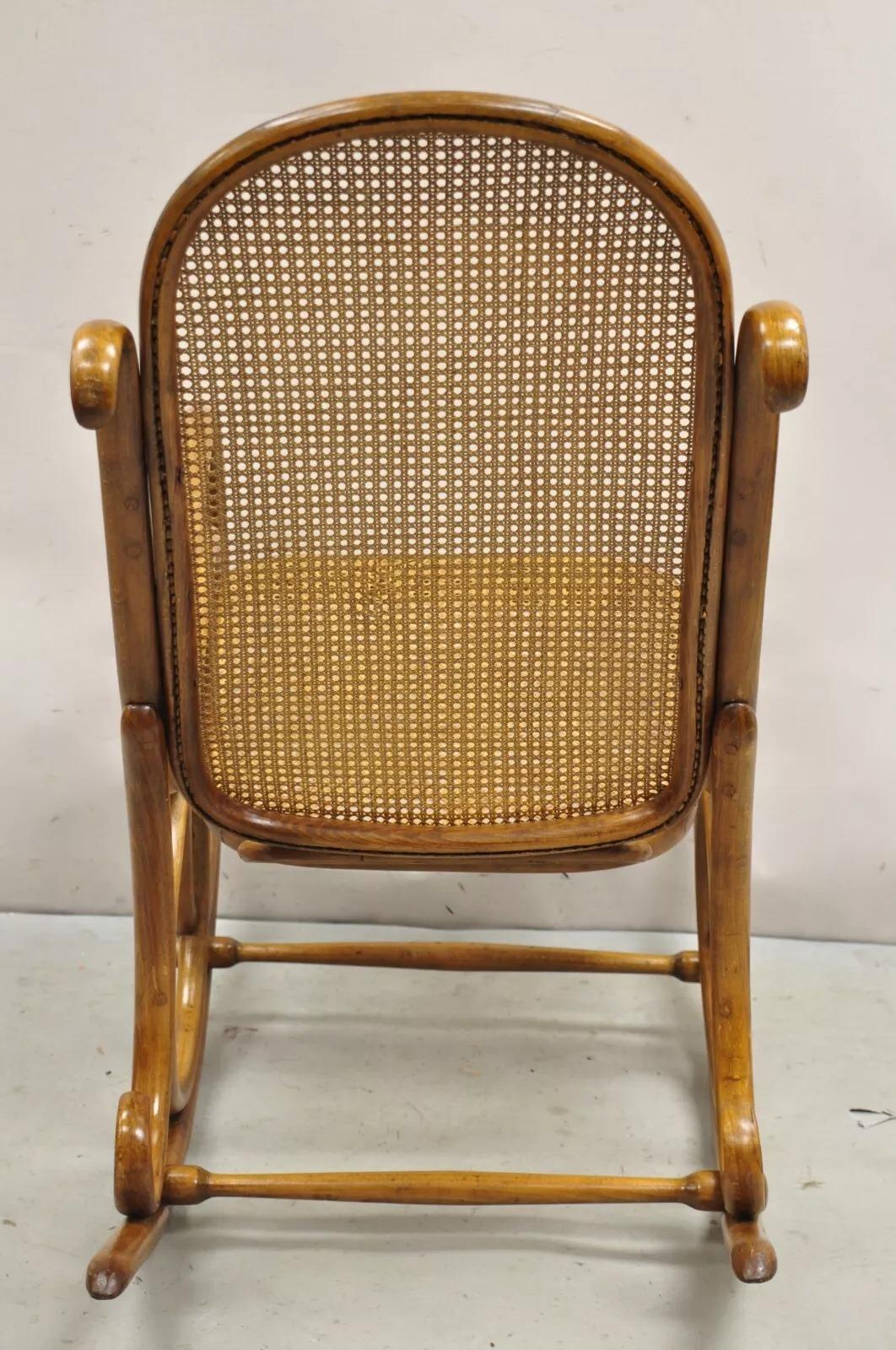 Vintage Michael Thonet Style Oak Cane Rattan Bentwood Rocking Chair Rocker For Sale 4