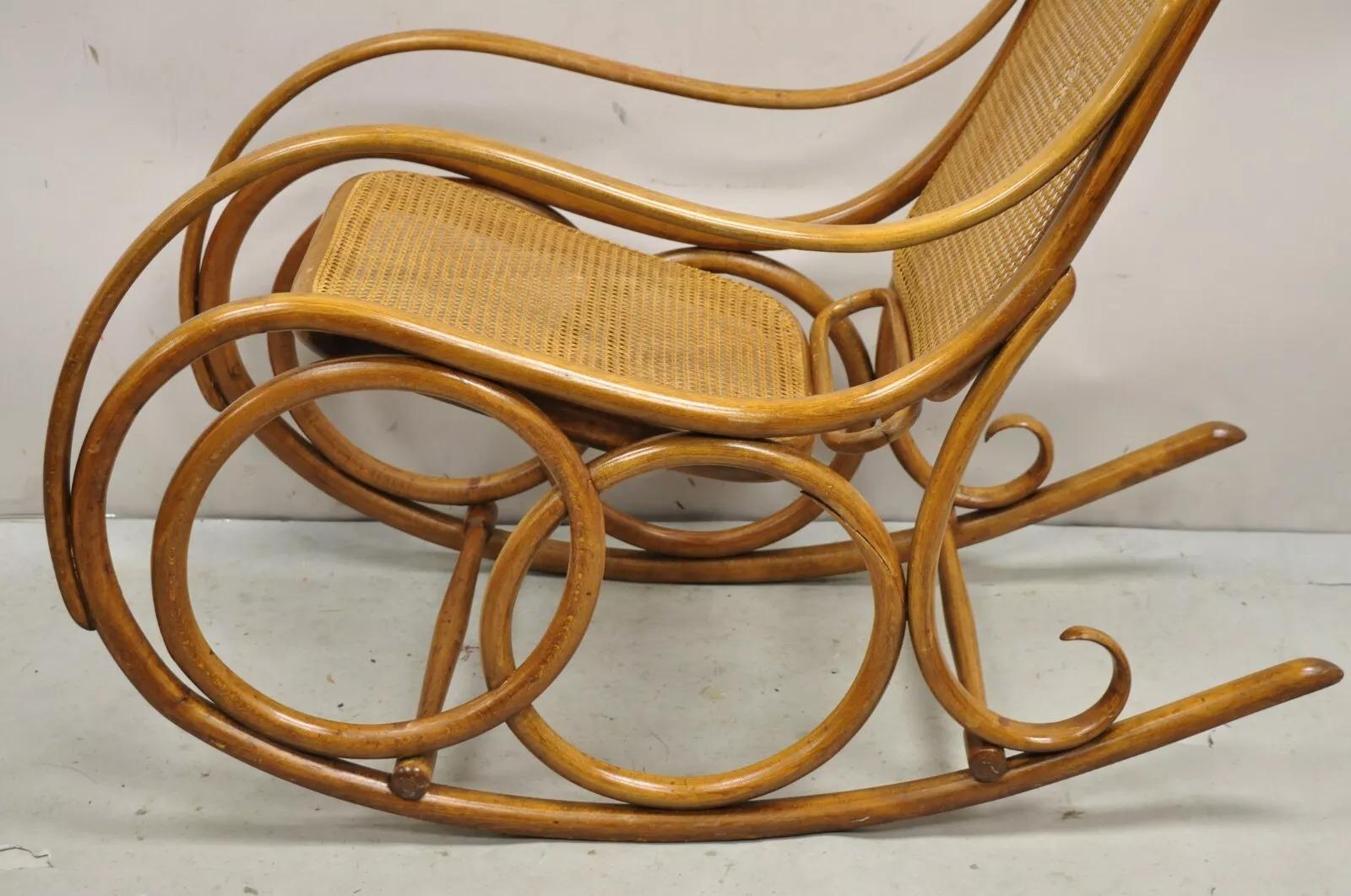 Vintage Michael Thonet Style Oak Cane Rattan Bentwood Rocking Chair Rocker For Sale 6