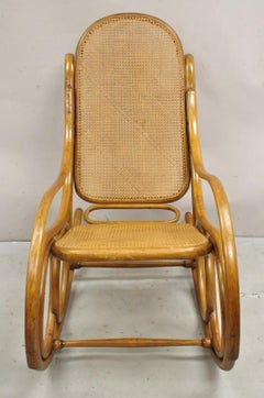 Vintage Michael Thonet Style Oak Cane Rattan Bentwood Rocking Chair Rocker